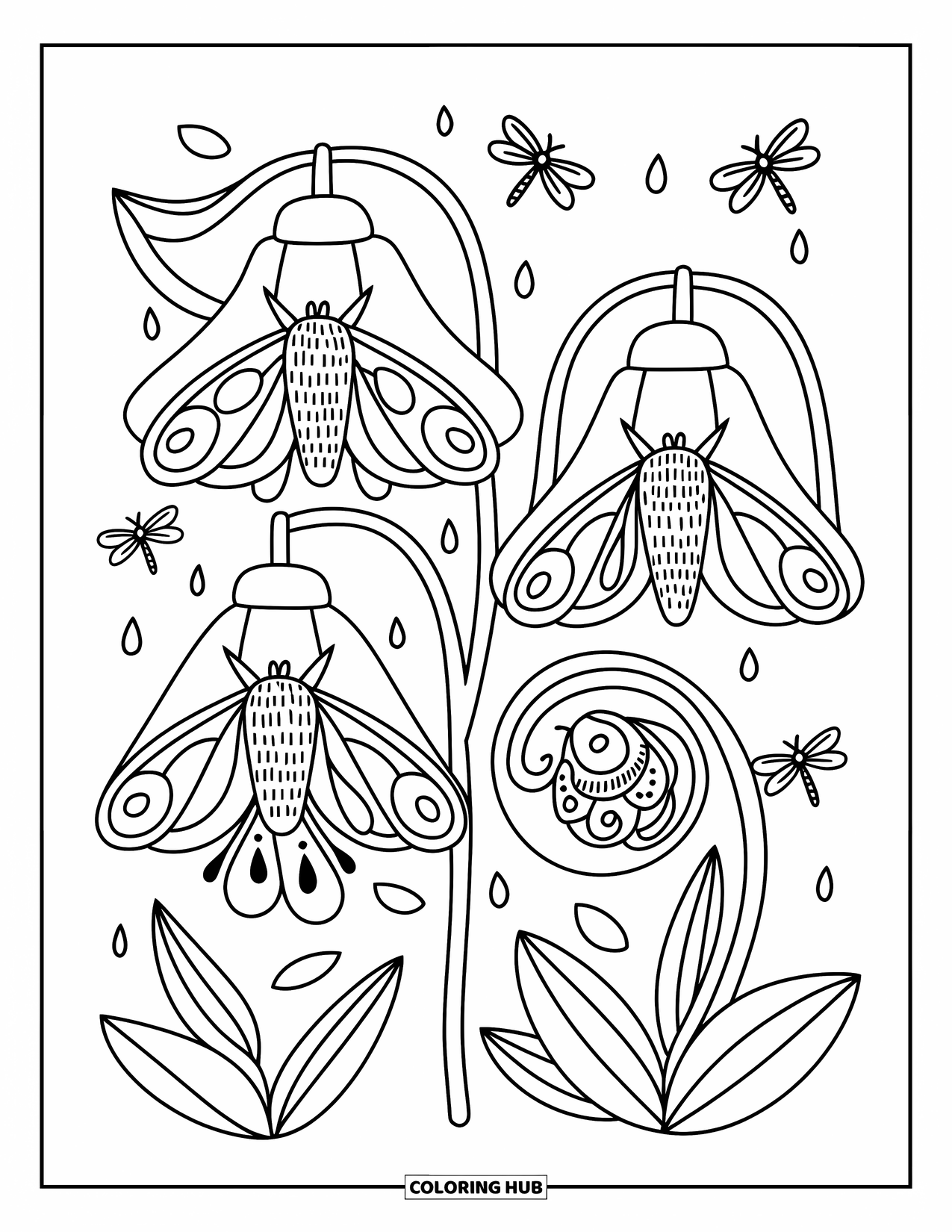 Bug Coloring Page for Adults: Sleepy moths nestle in glowing flowers with fireflies floating gently above