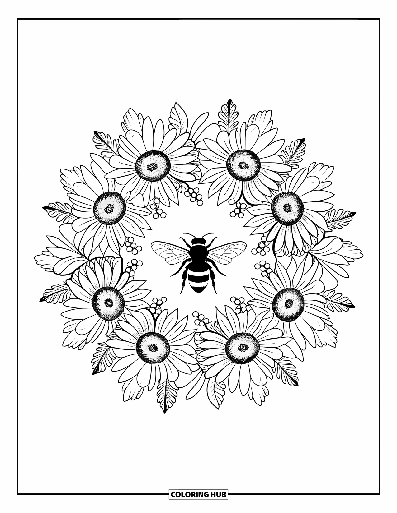 Bug Coloring Page for Adults: Sunflowers and buds spiral around a bee in this circular mandala