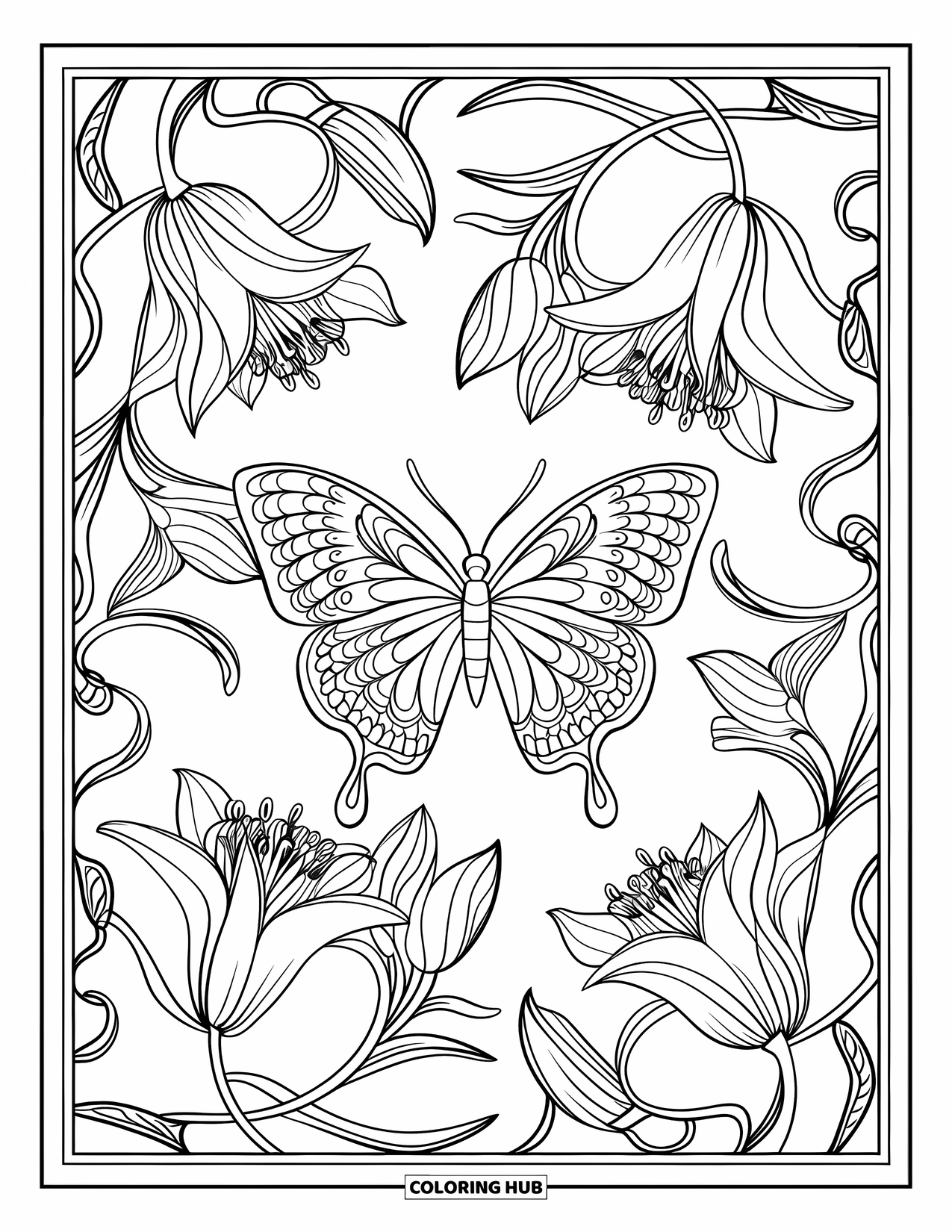 Bug Coloring Page for Adults: Swirling vines and lilies create a full-page mandala with a butterfly at its center
