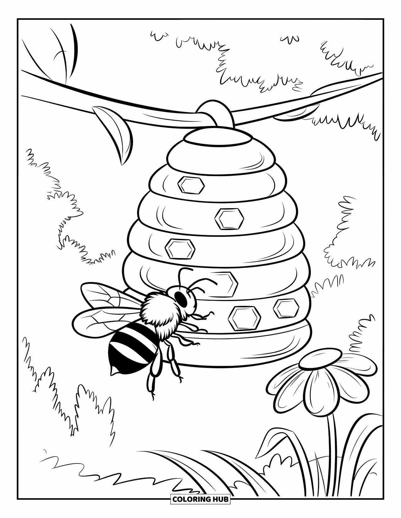 Bug Coloring Page for Kids: A bee buzzes near a flower beside a hanging hive