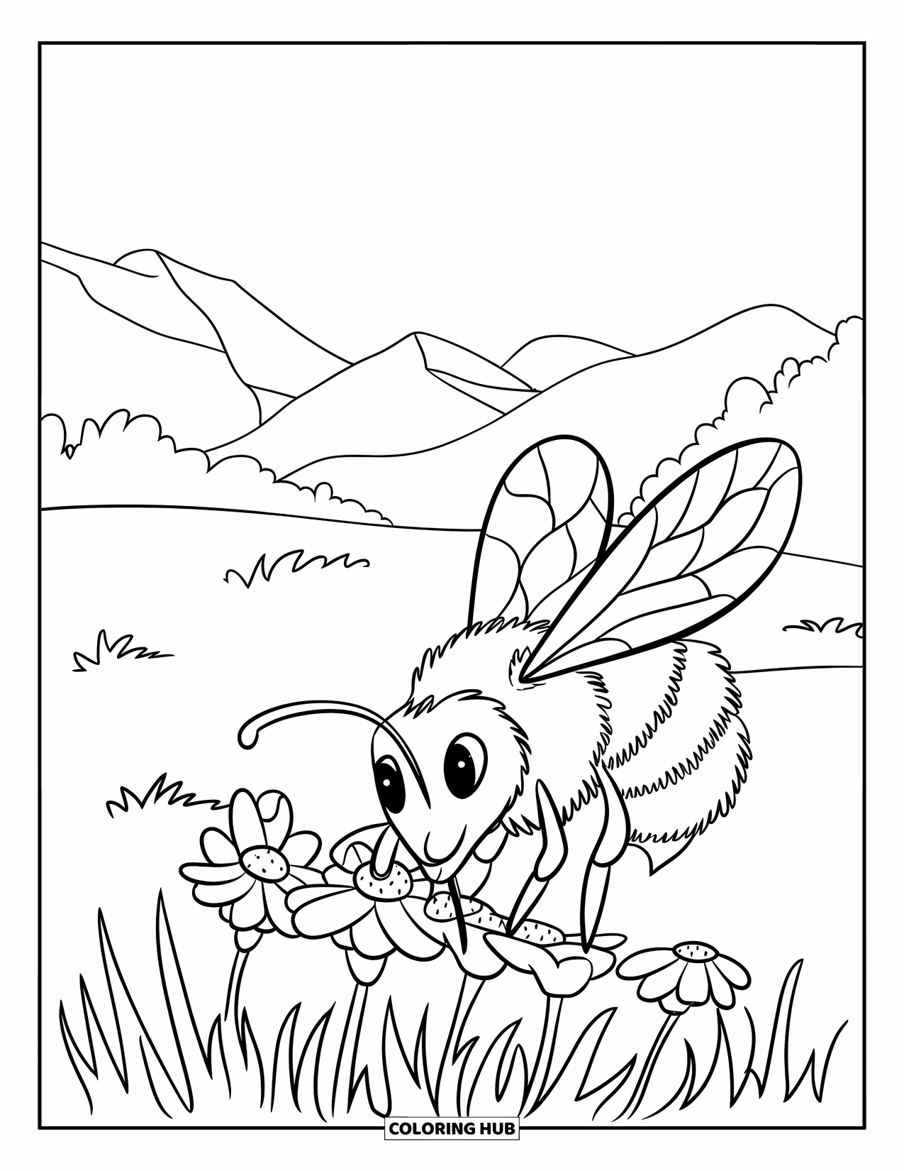 Bug Coloring Page for Kids: A bee collects pollen from wildflowers under a clear sky
