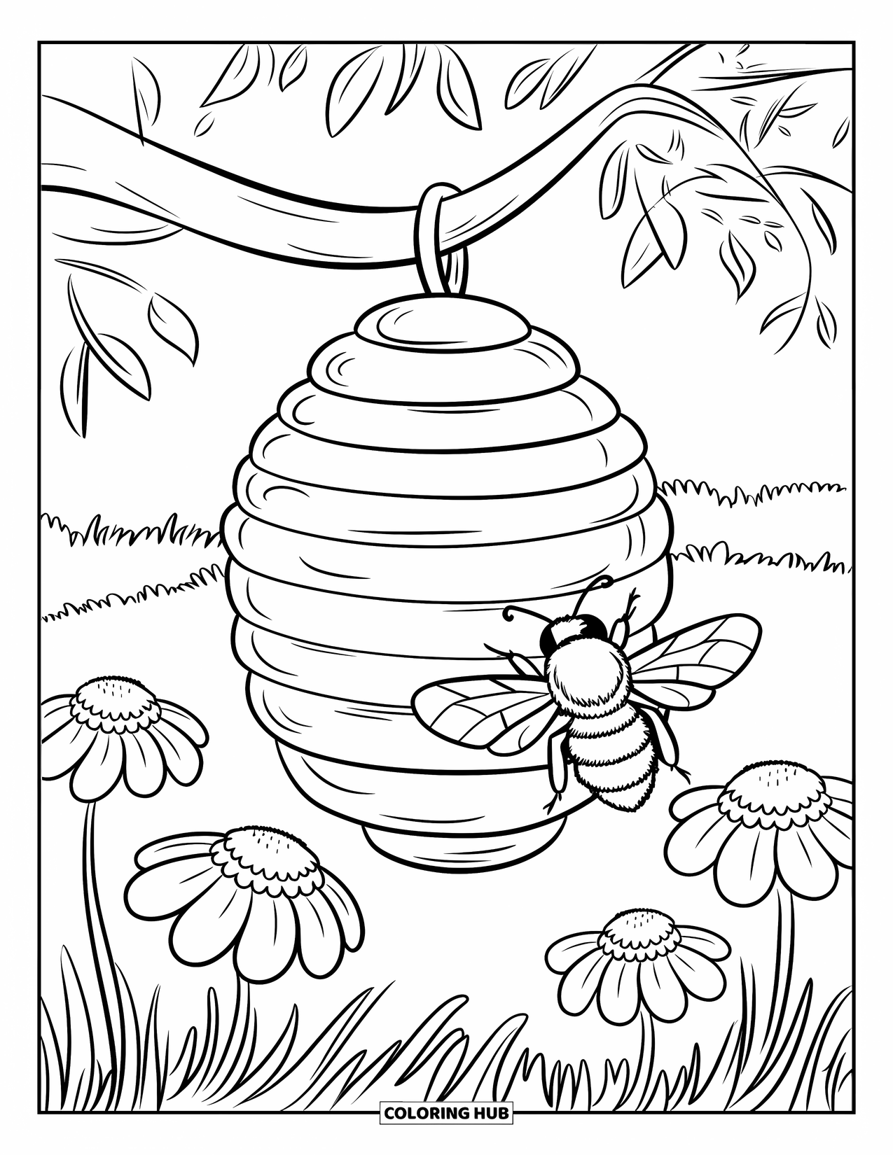 Bug Coloring Page for Kids: A bee explores flowers around a hive in a bright, open field