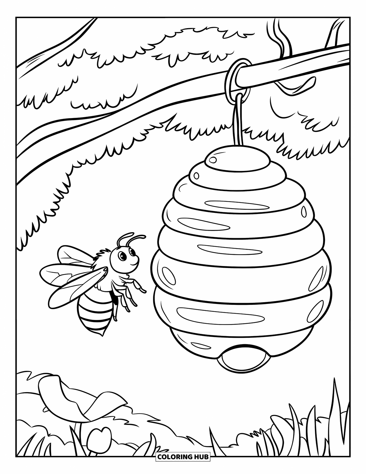 Bug Coloring Page for Kids: A bee flies by a hive with hexagons deep in the forest