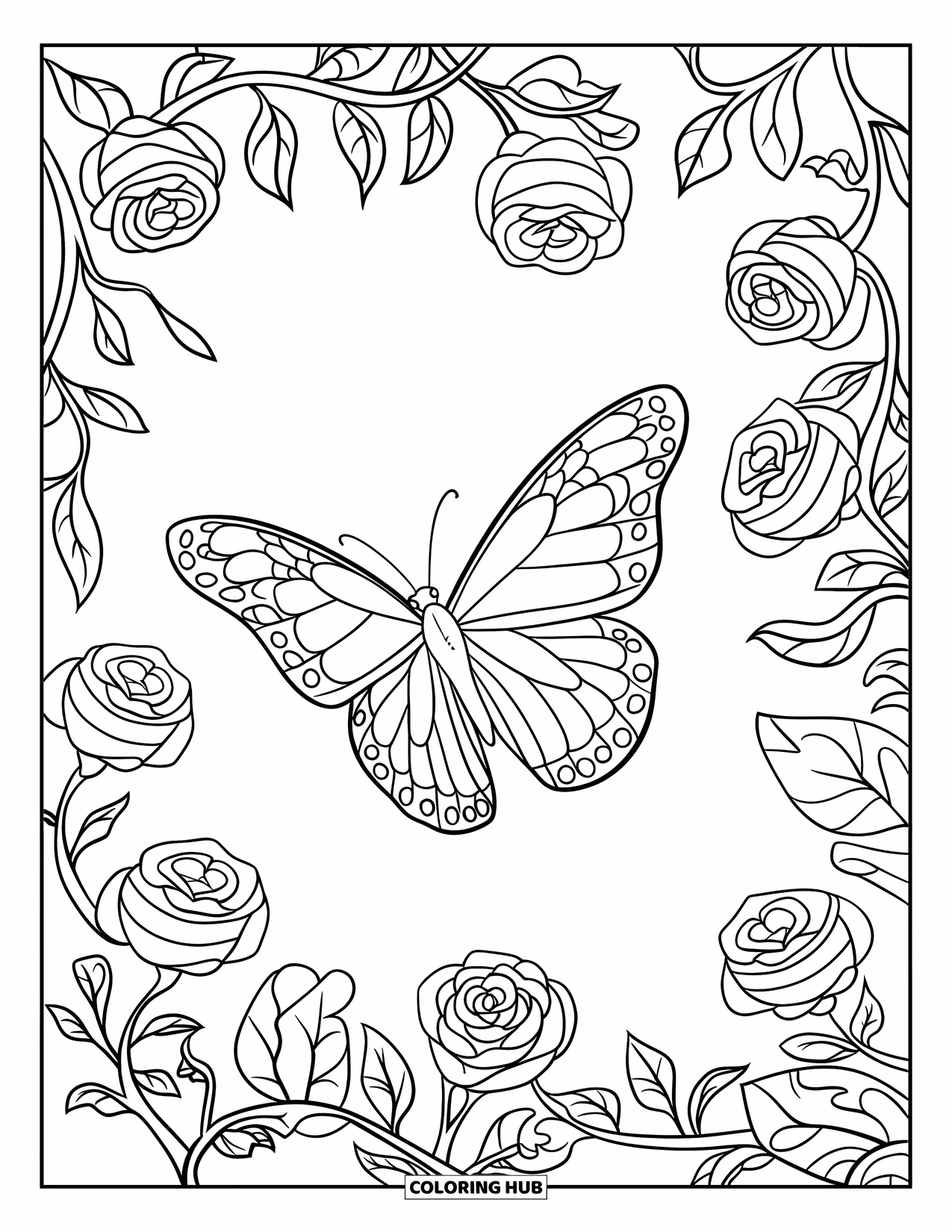 Bug Coloring Page for Kids: A butterfly flies through a garden maze filled with roses and vines