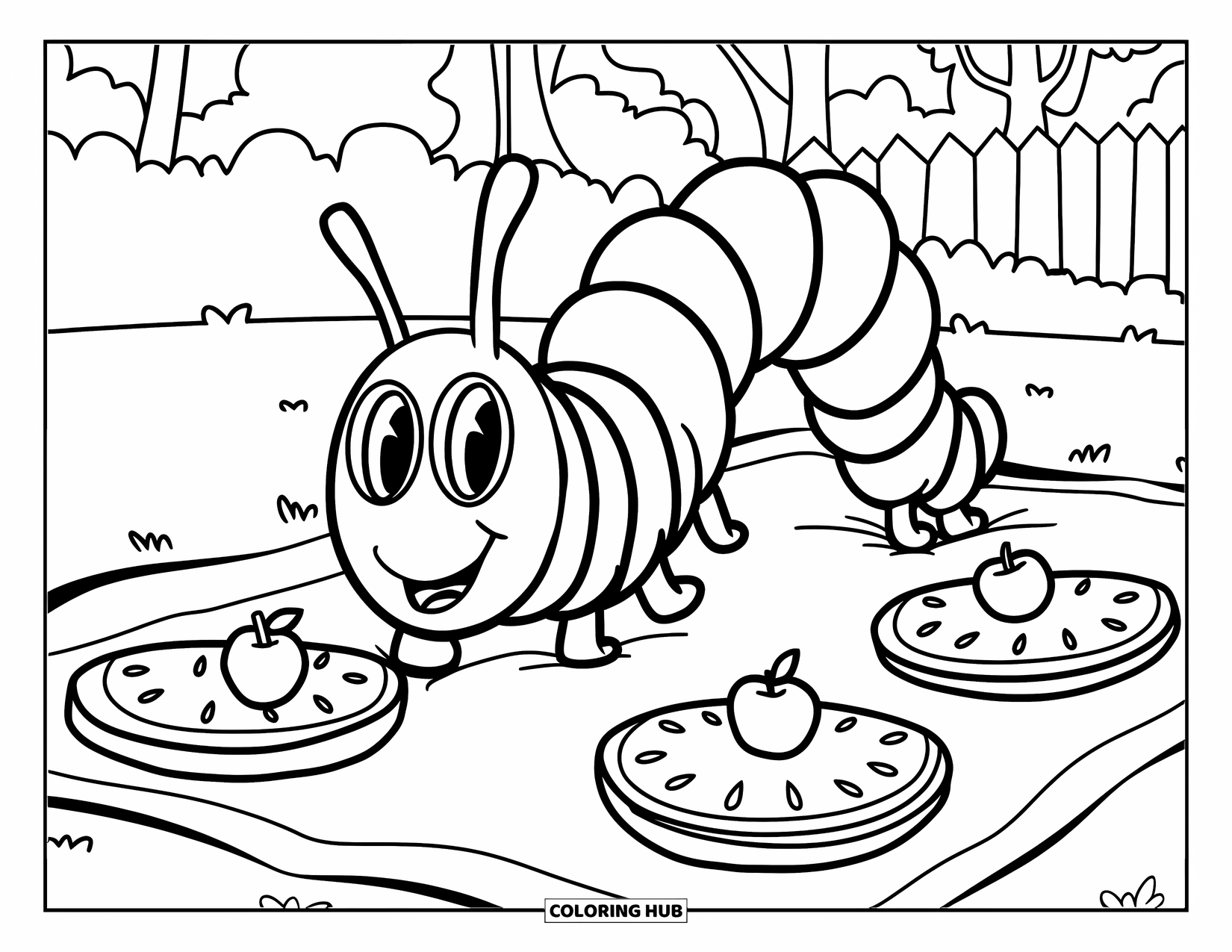 Bug Coloring Page for Kids: A caterpillar in sunglasses crawls across a picnic blanket filled with fruit
