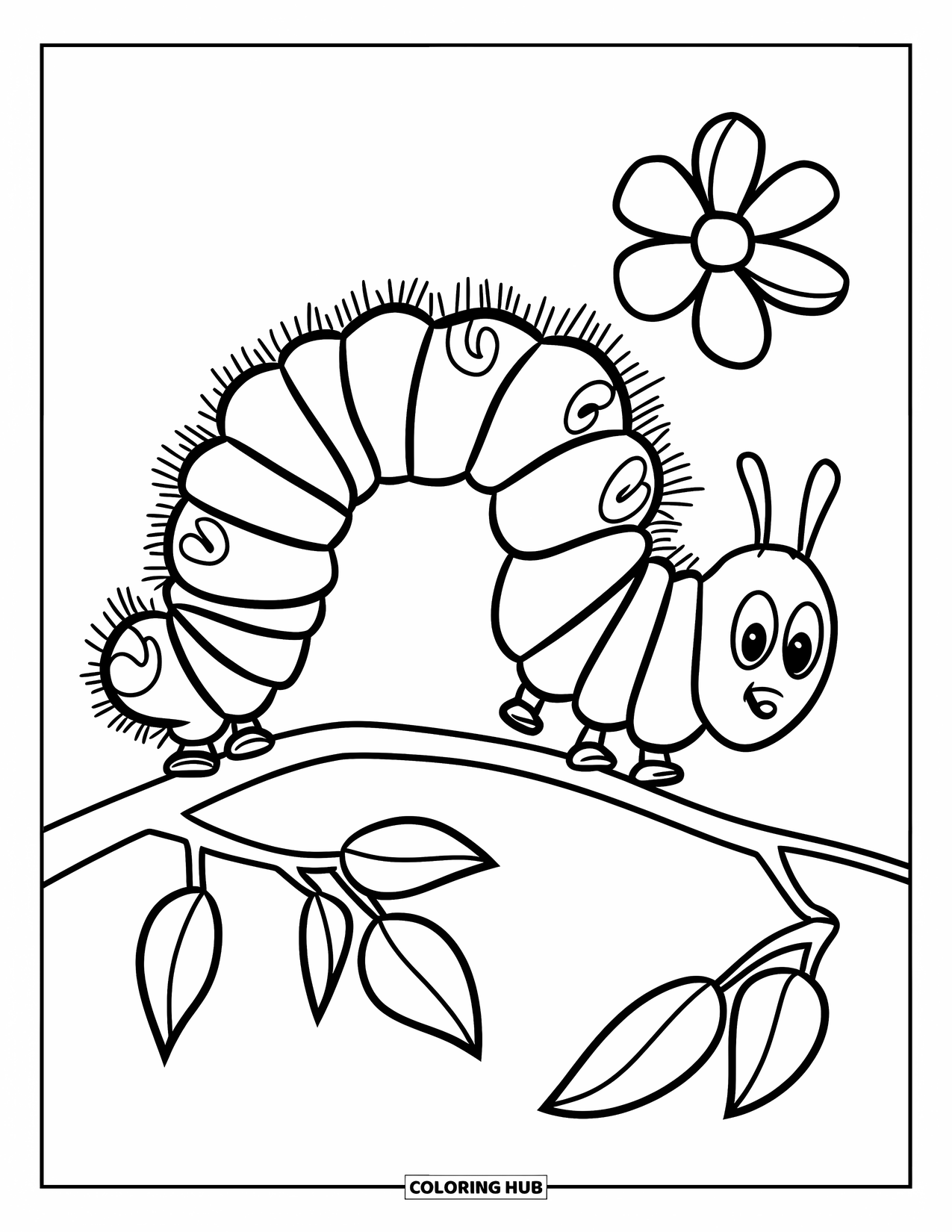 Bug Coloring Page for Kids: A cheerful caterpillar rests on a leafy branch next to a flower