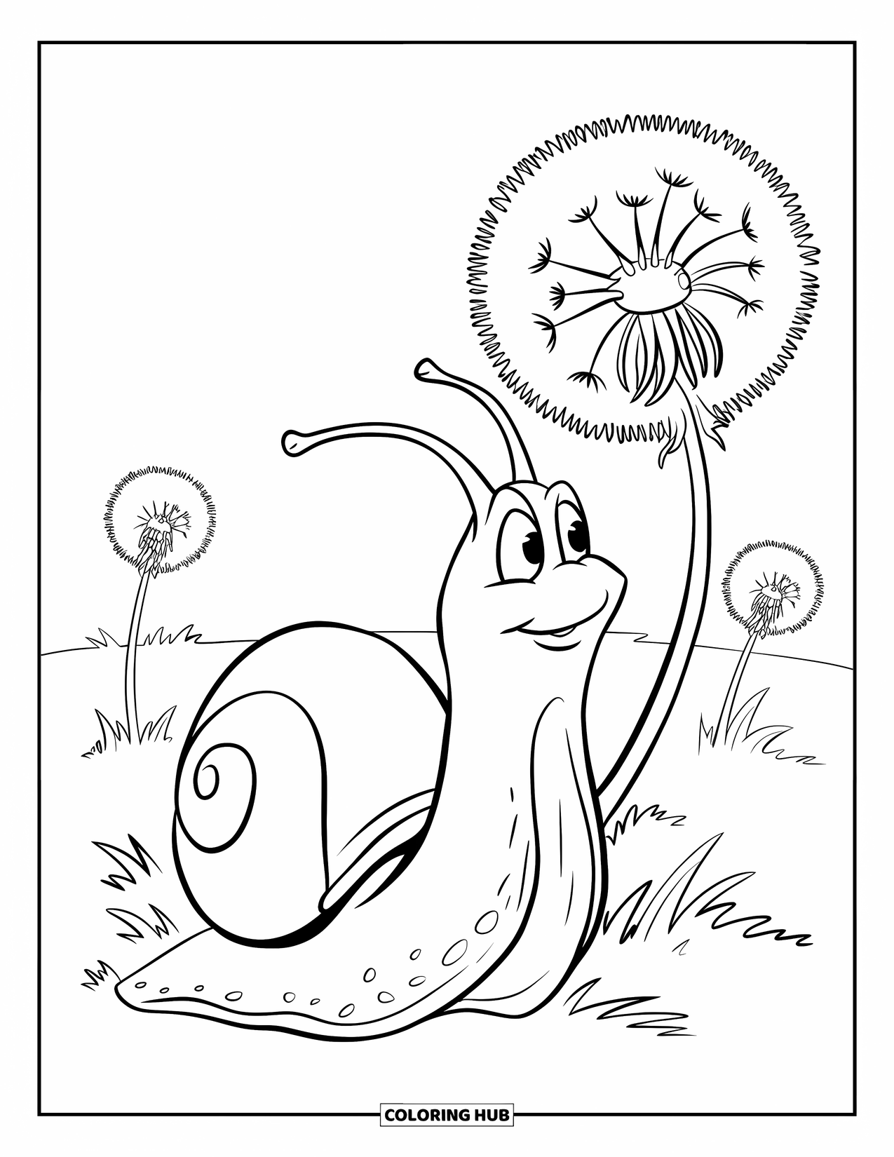Bug Coloring Page for Kids: A chubby snail stands on a dandelion puff in the middle of a field