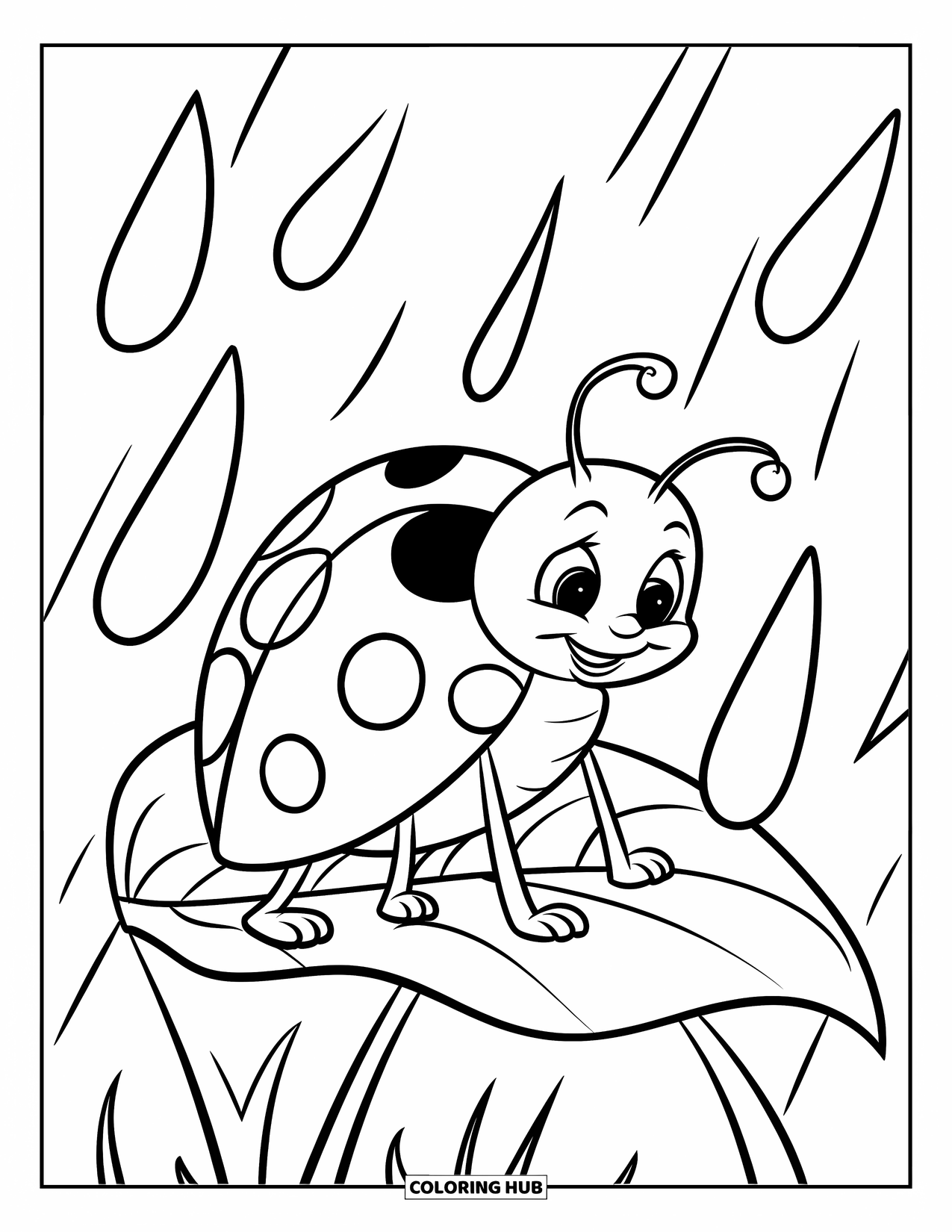 Bug Coloring Page for Kids: A cute ladybug sits on a big leaf with raindrops all around