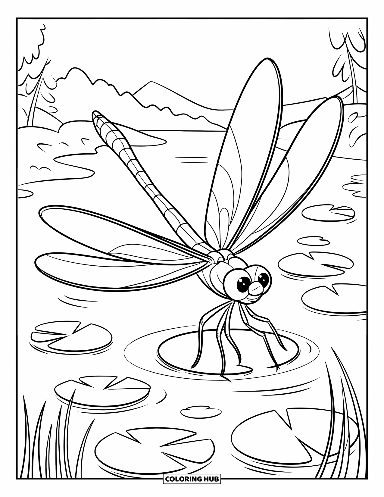 Bug Coloring Page for Kids: A dragonfly glides over water with floating lily pads and mountain views