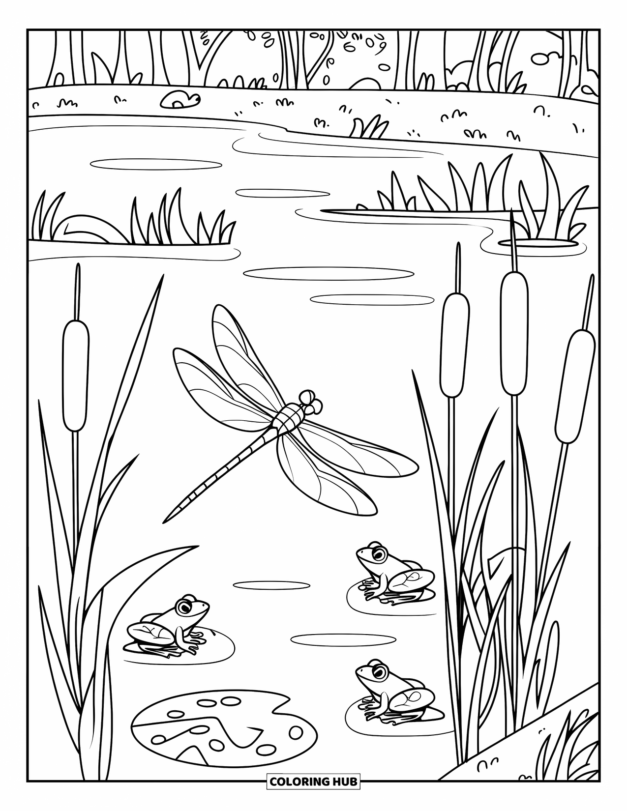 Bug Coloring Page for Kids: A dragonfly with large wings flies past cattails and curious little frogs