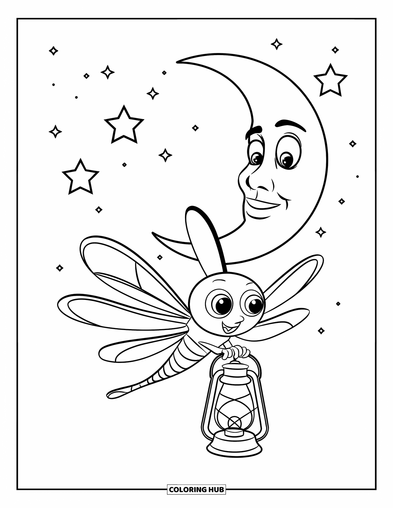 Bug Coloring Page for Kids: A firefly with a lantern flies past a moon with a friendly face