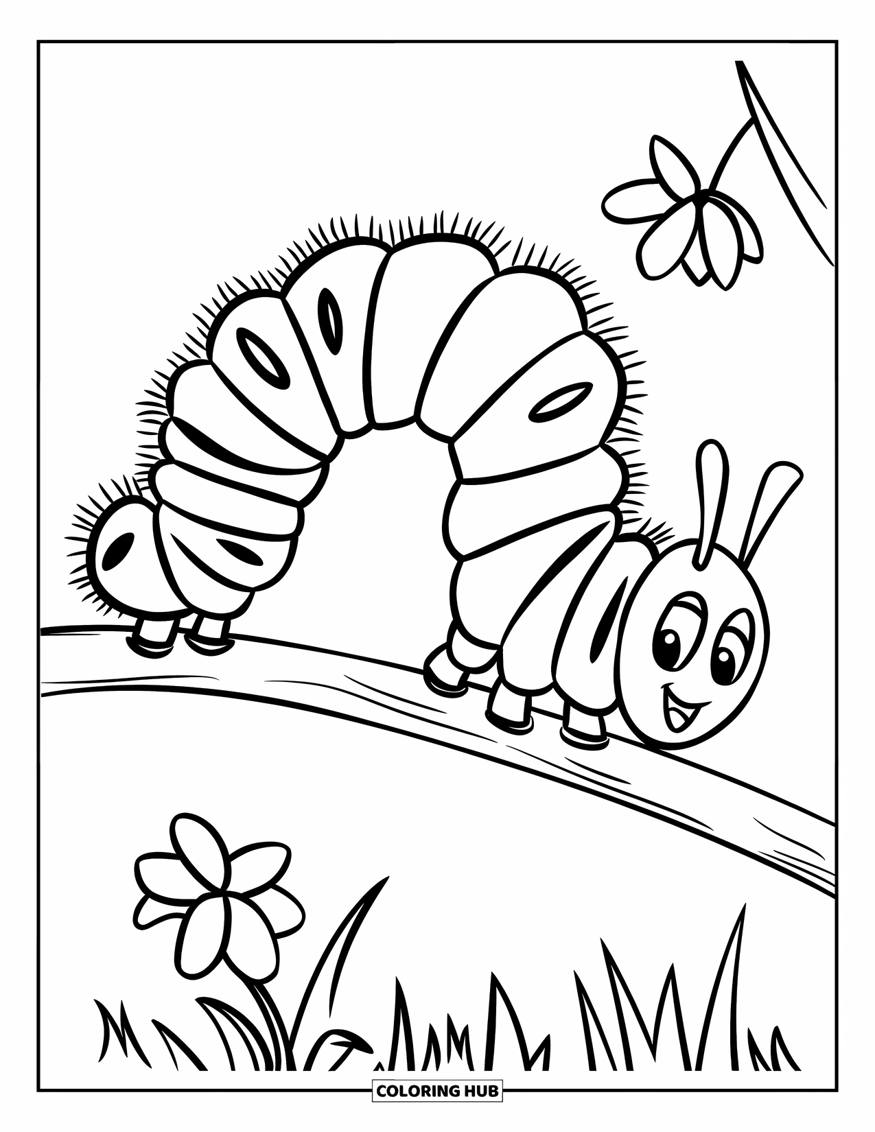 Bug Coloring Page for Kids: A happy caterpillar crawls along a branch with one nearby flower