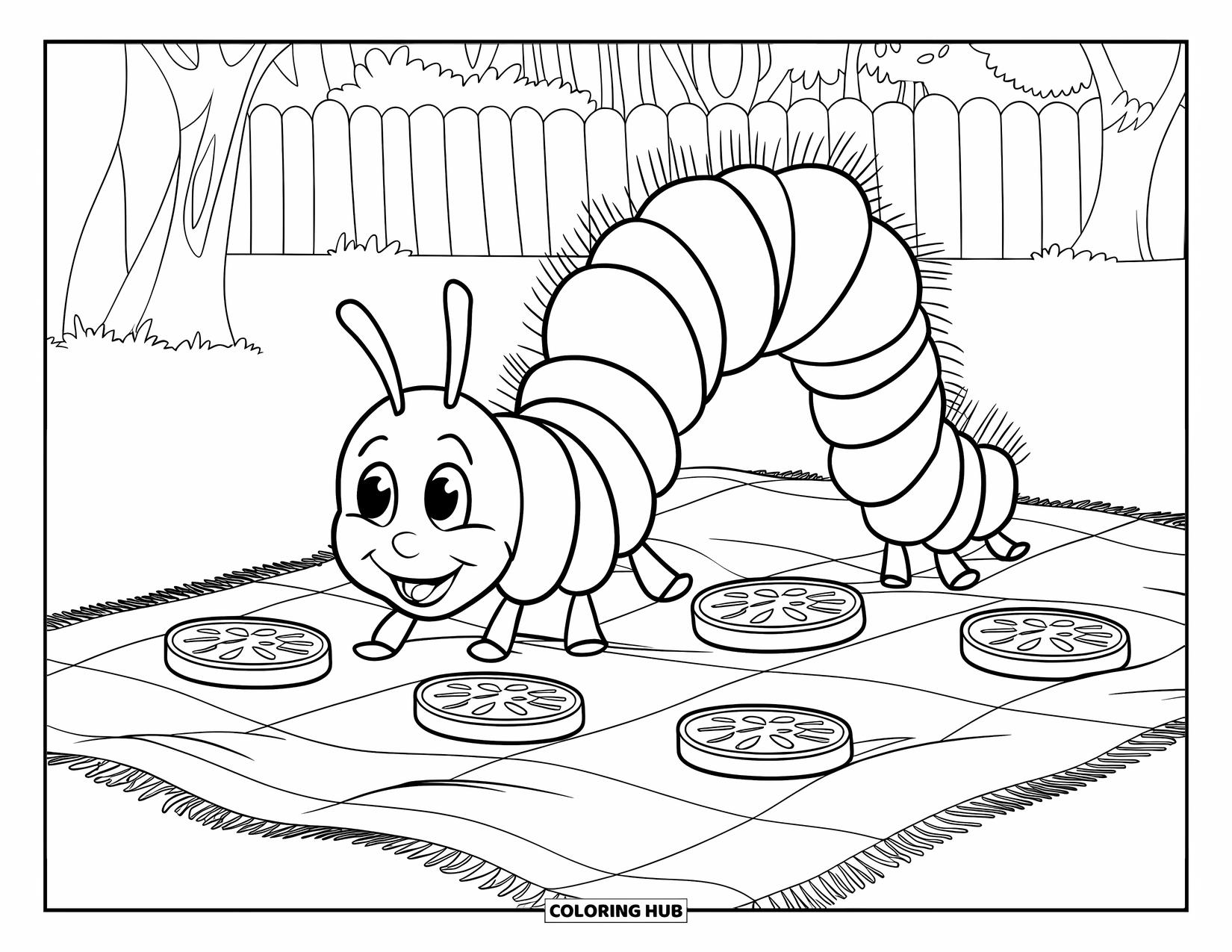 Bug Coloring Page for Kids: A happy caterpillar with a hat crawls past fruit on a sunny picnic blanket