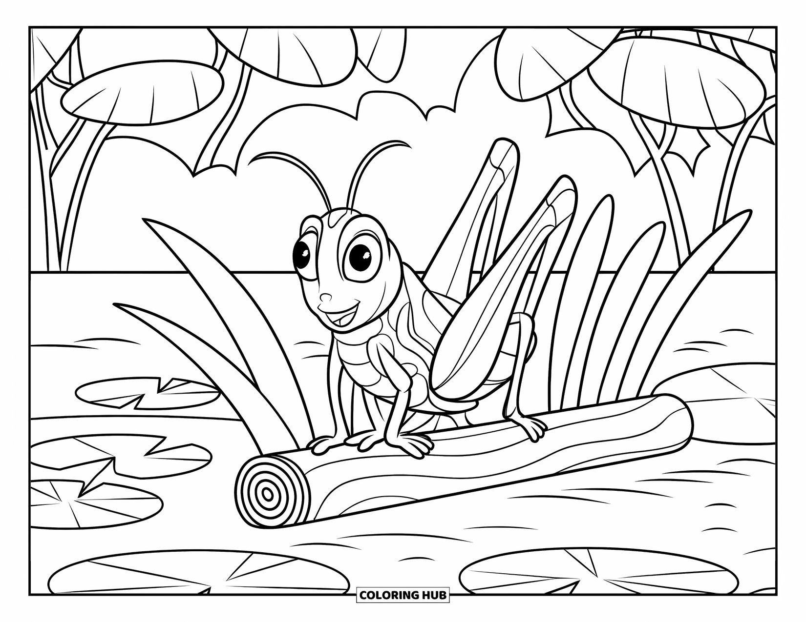 Bug Coloring Page for Kids: A happy grasshopper in a tiny hat sits on a log near water