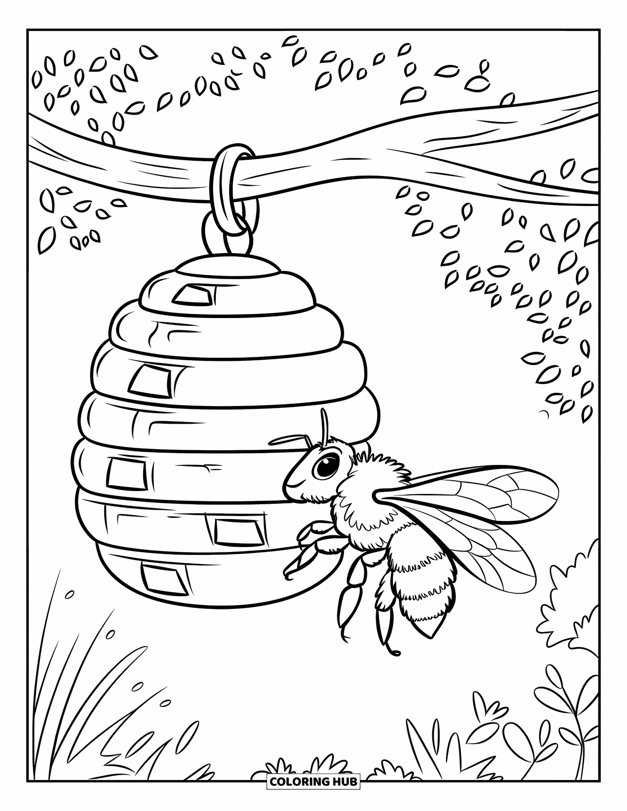 Bug Coloring Page for Kids: A honeybee hovers near a hive hanging from a branch in the woods
