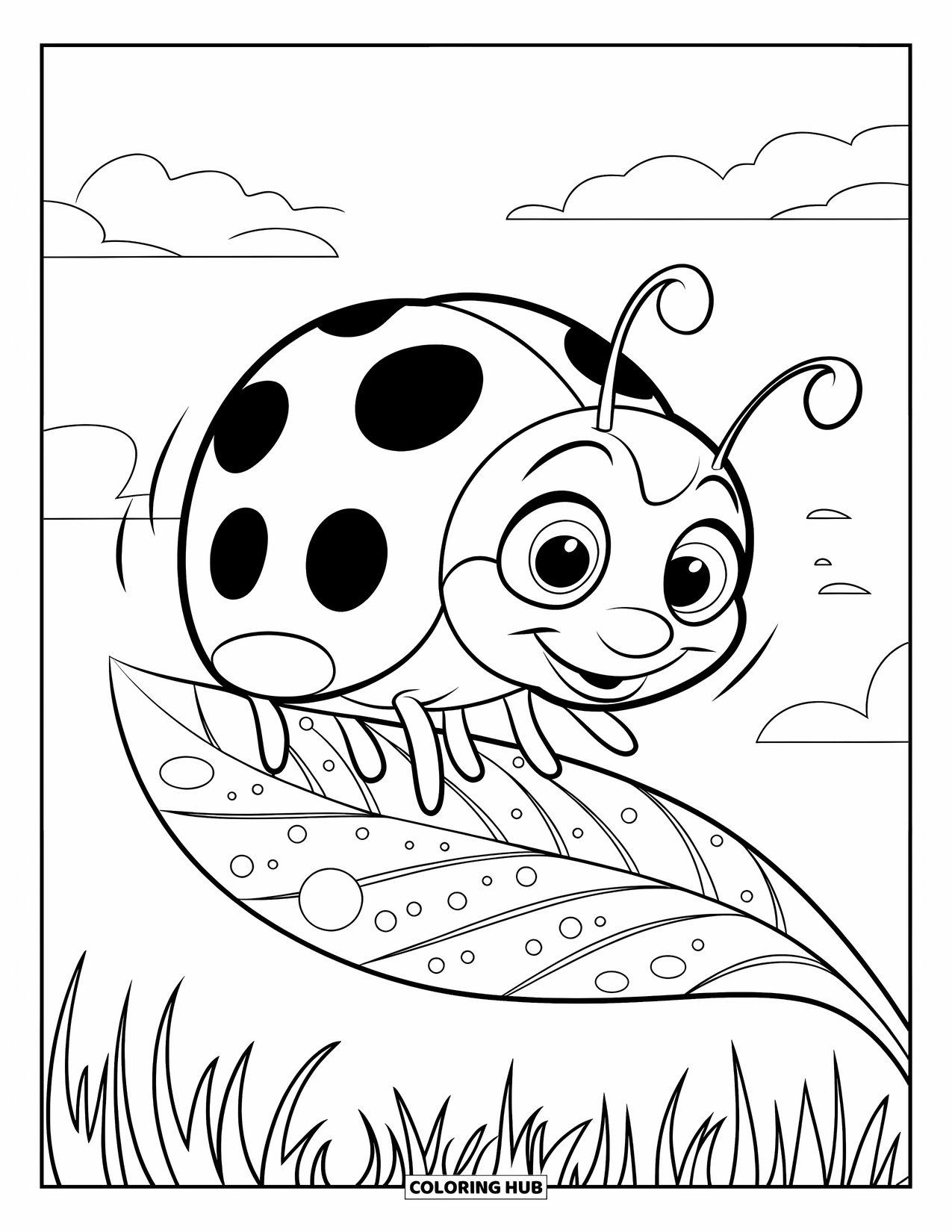 Bug Coloring Page for Kids: A ladybug with big eyes takes flight from a leaf sprinkled with water