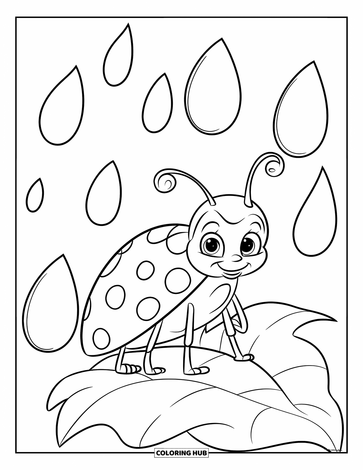 Bug Coloring Page for Kids: A little ladybug relaxes on a leaf surrounded by raindrops