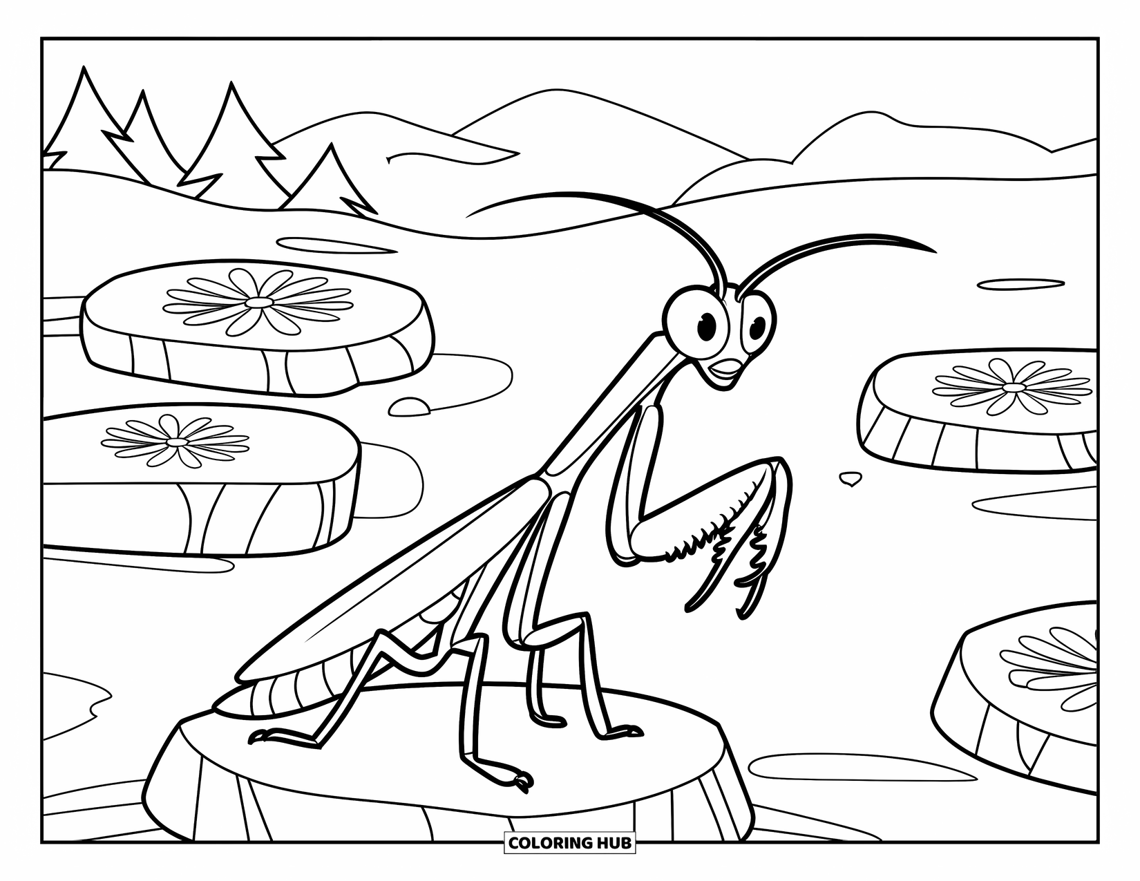 Bug Coloring Page for Kids: A mantis stands on a stone surrounded by flower engravings and peaceful nature