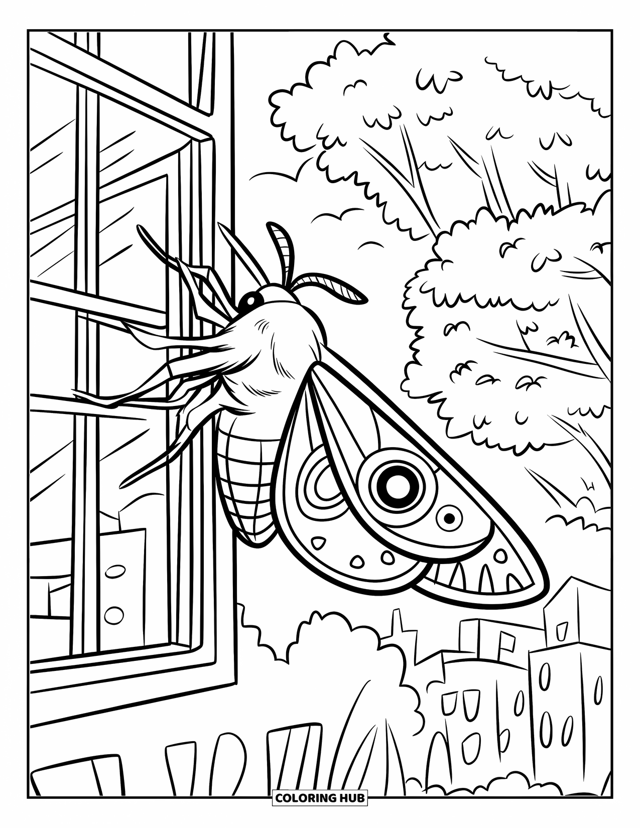Bug Coloring Page for Kids: A moth flutters by an open window with trees and buildings in view