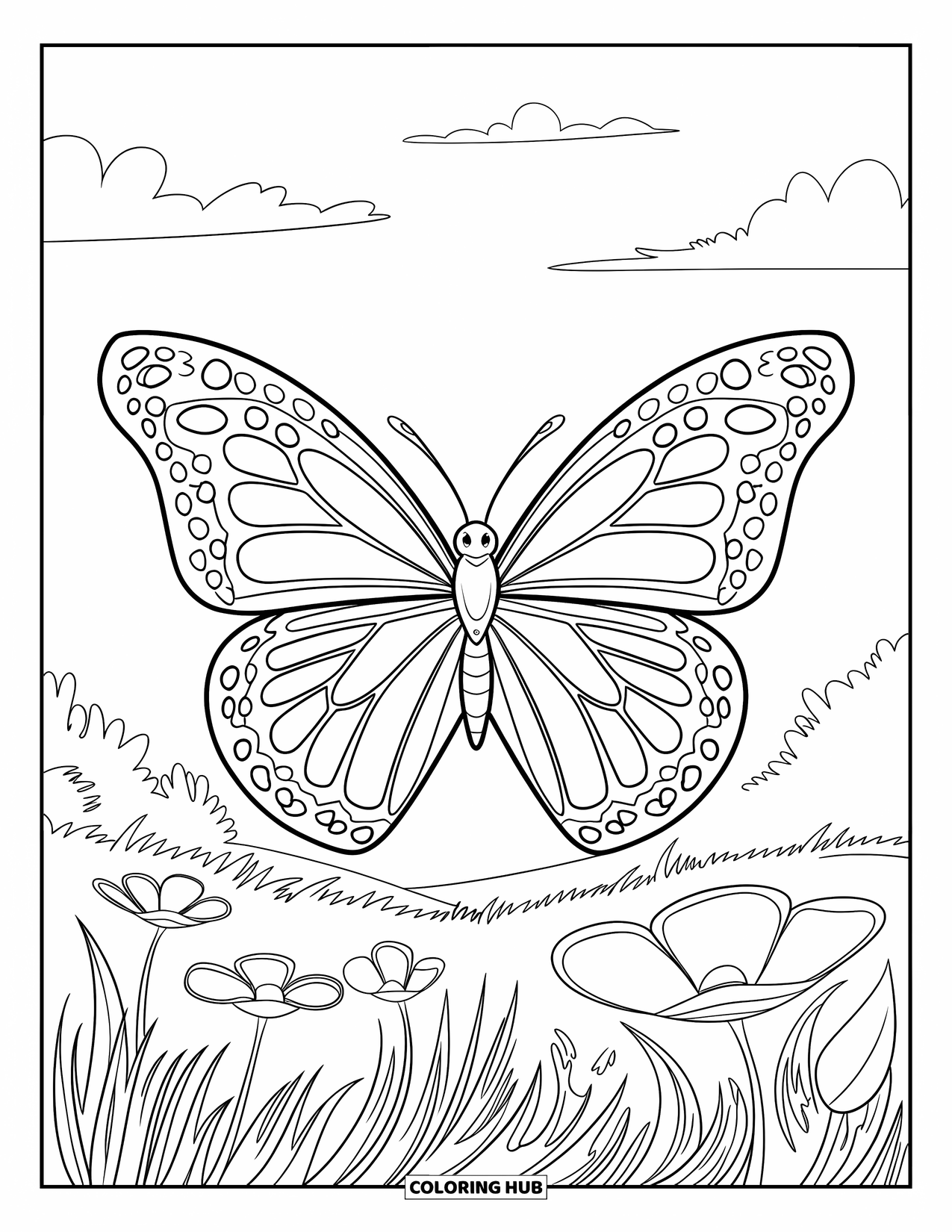Bug Coloring Page for Kids: A patterned butterfly flies above colorful flowers under a bright sky