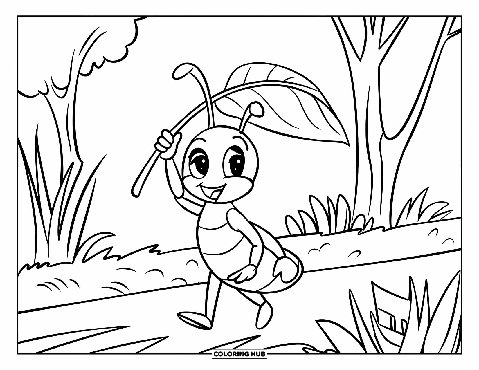 Bug Coloring Page for Kids: A smiling ant walks under a leaf with tall grass around