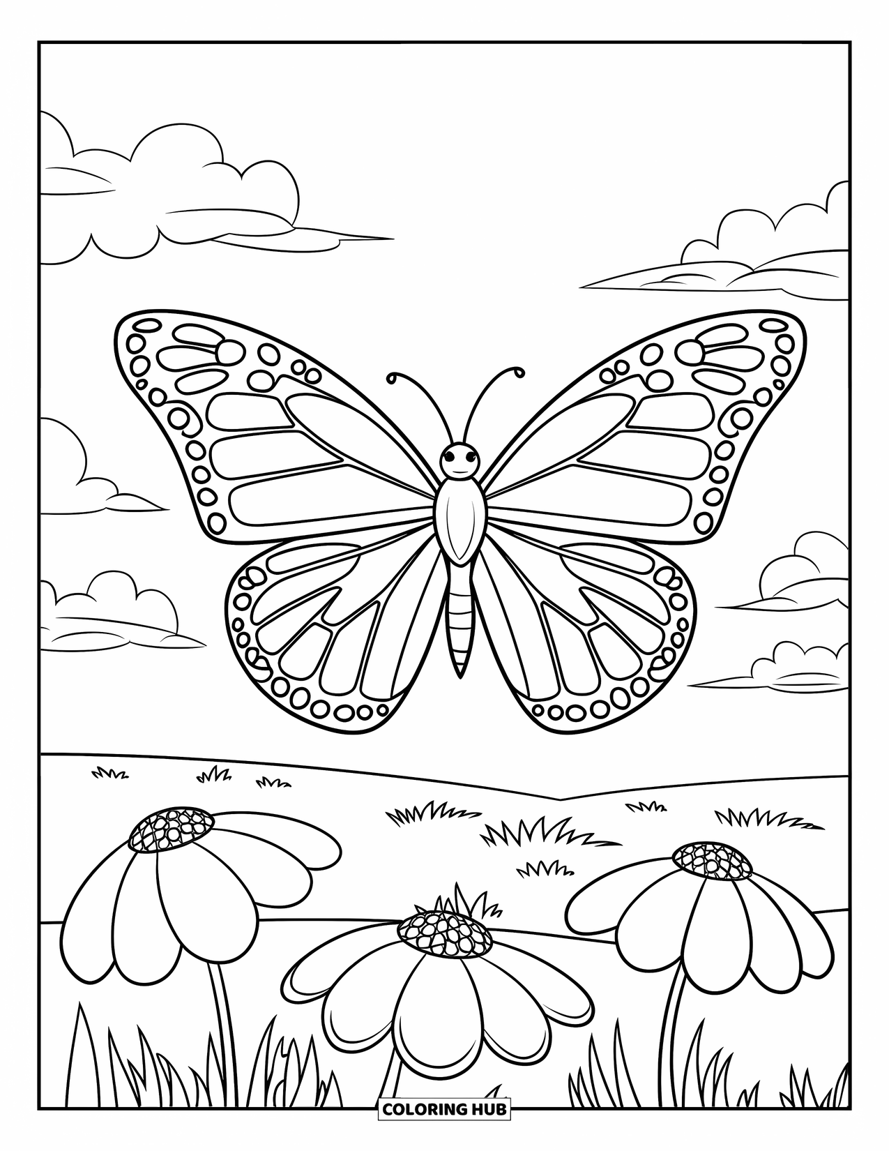 Bug Coloring Page for Kids: A smiling butterfly with bold wings floats above big flowers and clouds