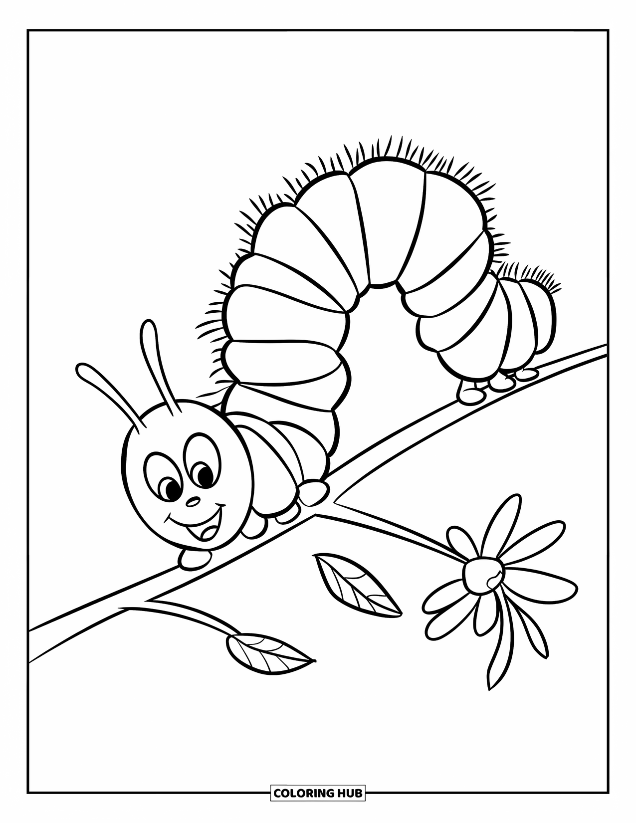 Bug Coloring Page for Kids: A smiling caterpillar holds onto a branch with a flower nearby