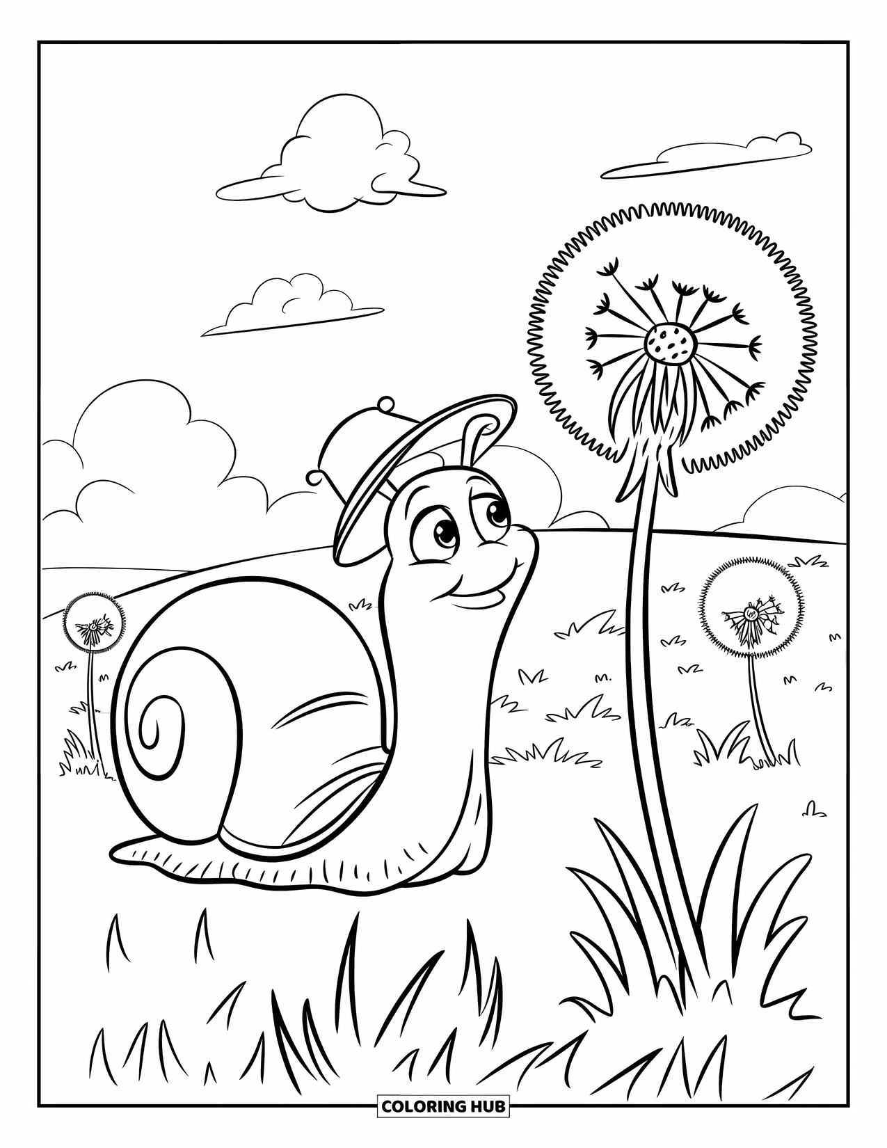 Bug Coloring Page for Kids: A snail in a tiny hat peers at a fluffy dandelion puff