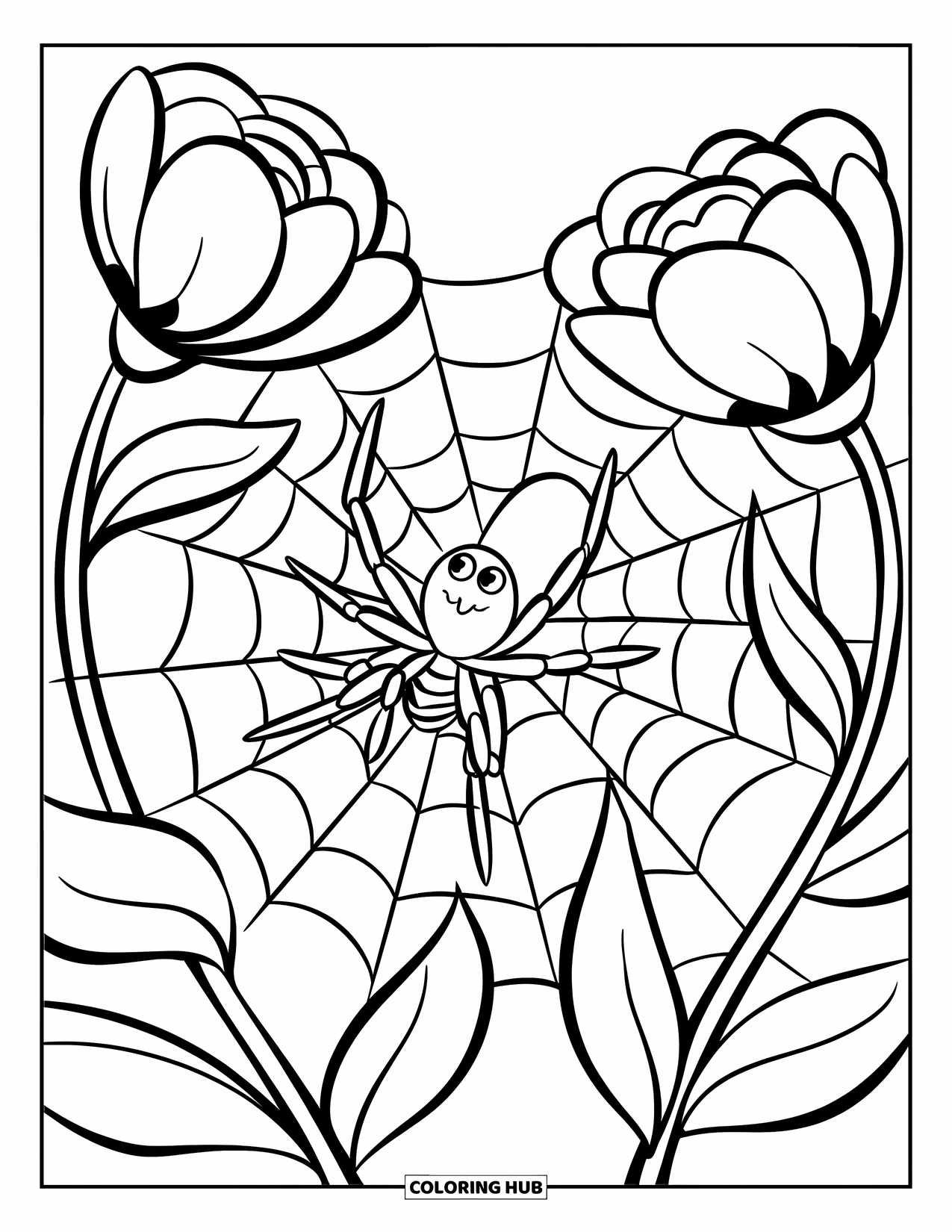 Bug Coloring Page for Kids: A spider clings to its web stretched between two blooming flower stems