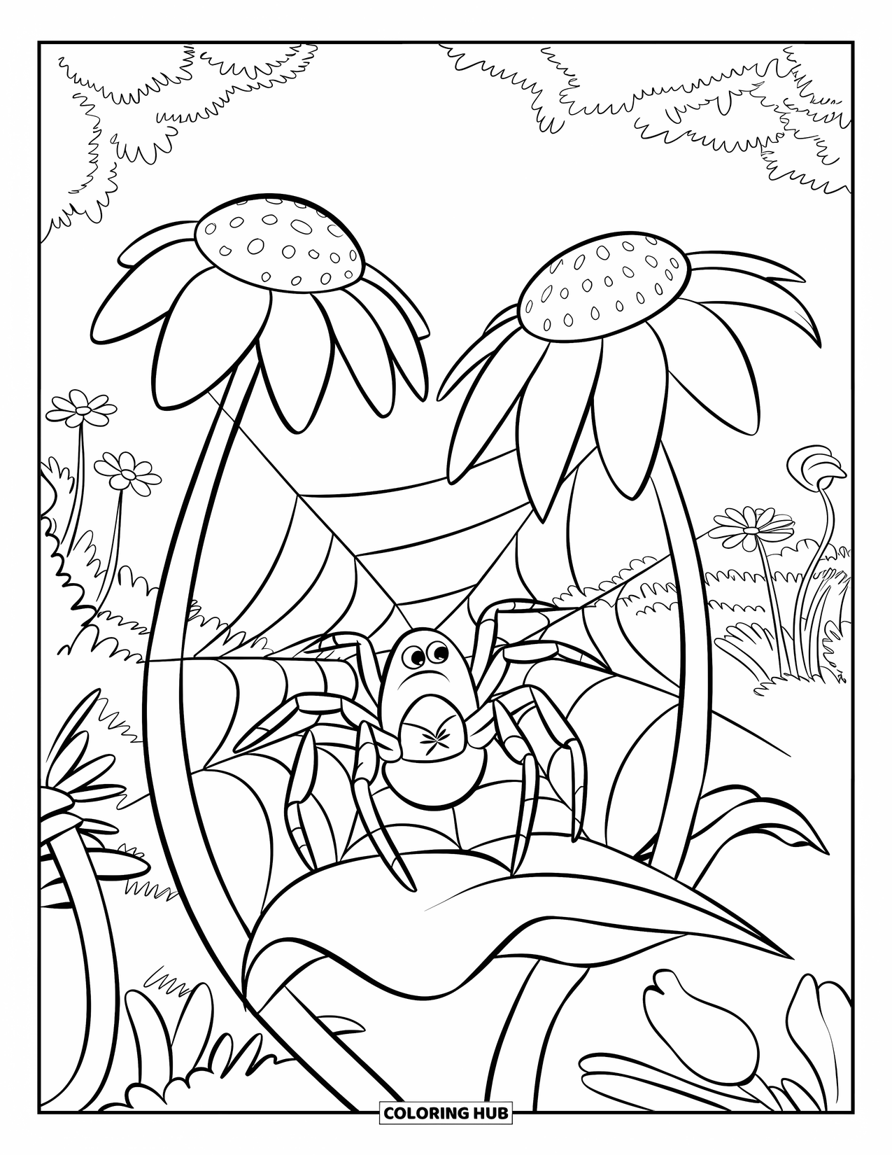 Bug Coloring Page for Kids: A spider spins a web between two tall flower stems in a leafy forest
