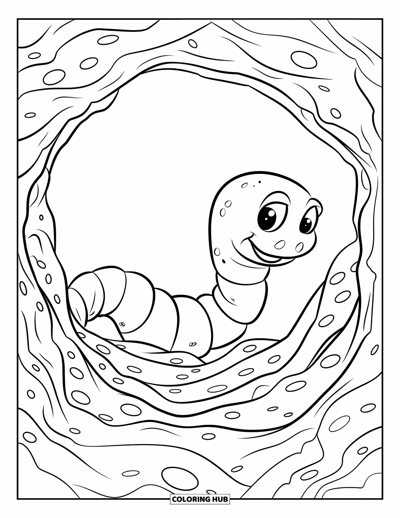Bug Coloring Page for Kids: A squirming worm moves through the dirt, making twisty underground paths
