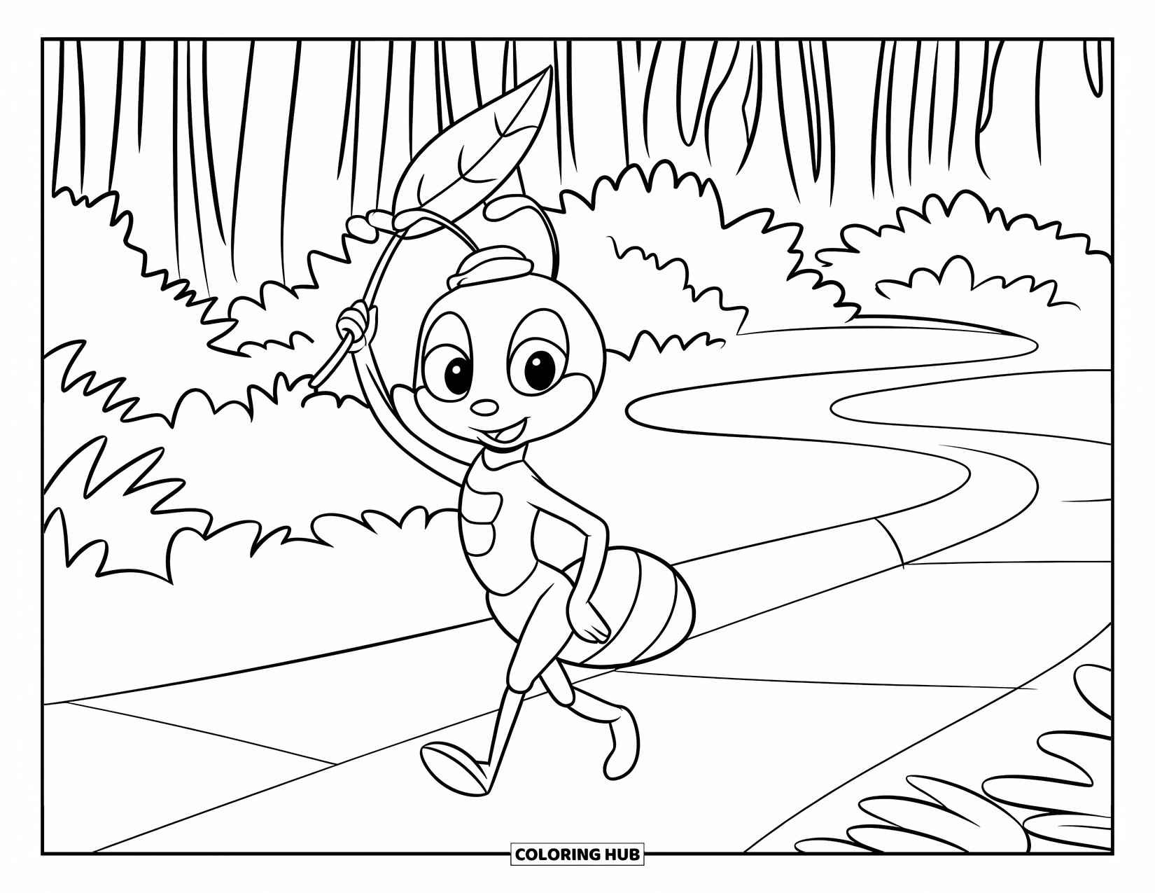 Bug Coloring Page for Kids: An ant in a tiny hat walks with a leaf above its head