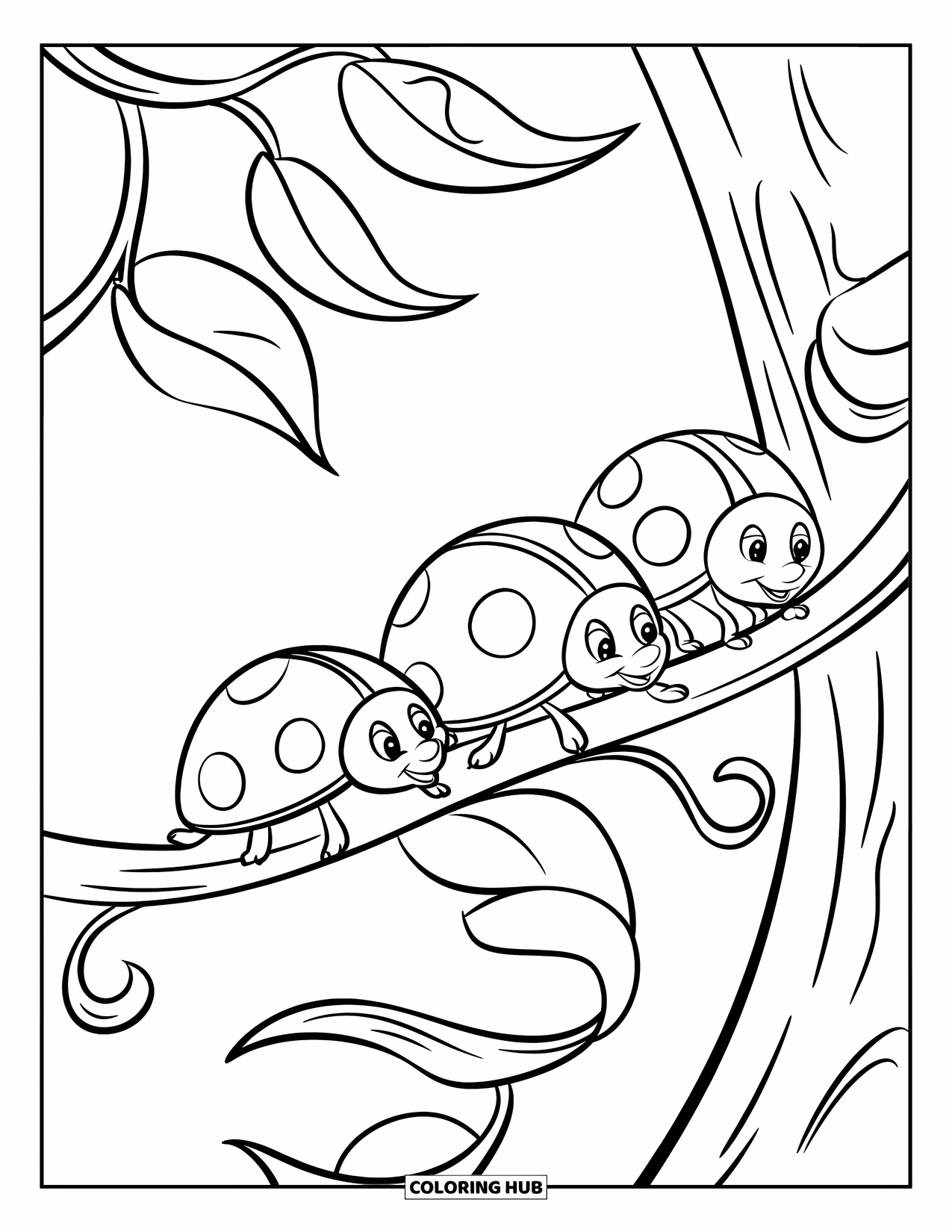 Bug Coloring Page for Kids: Three ladybugs explore a twisting vine with bold, clean leaves