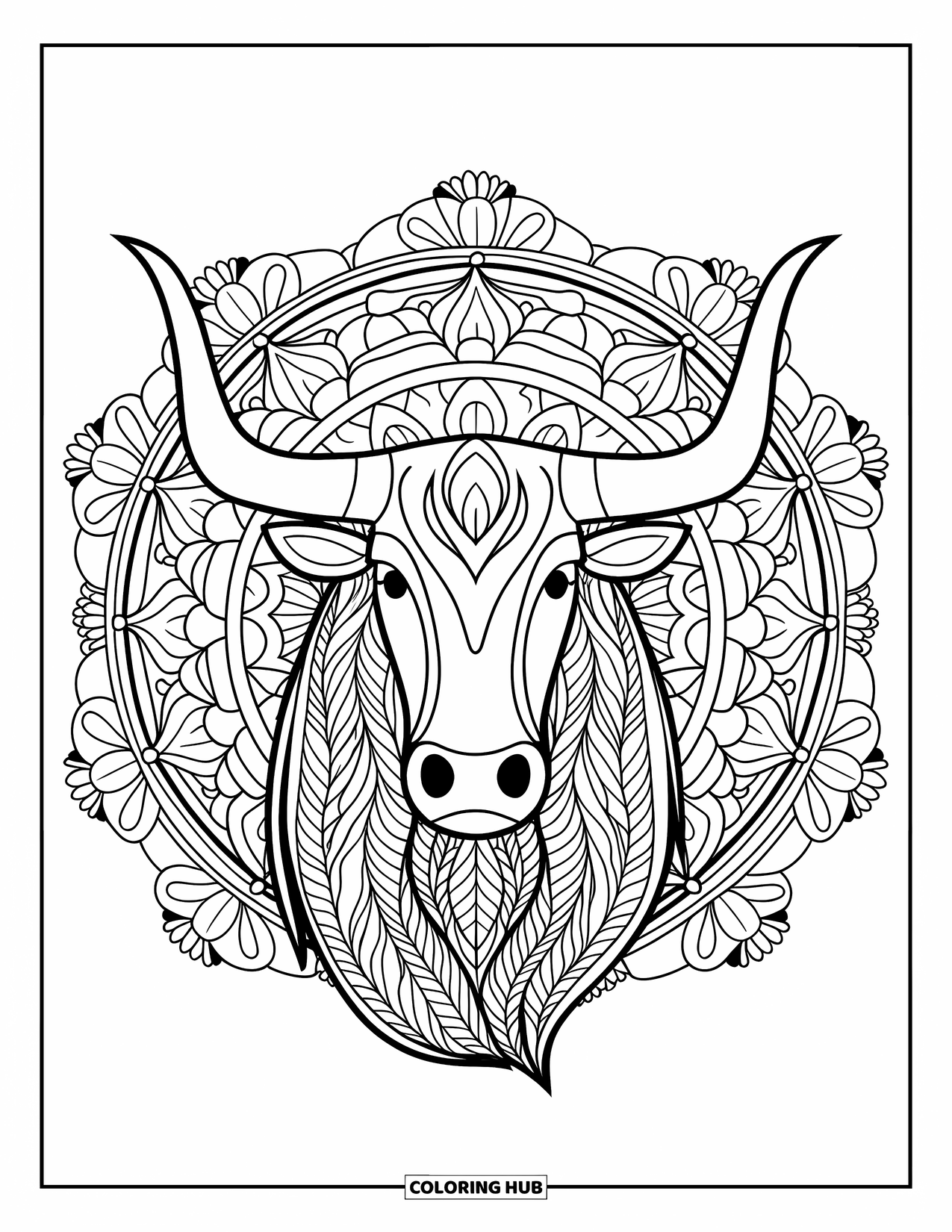 Bull Coloring Page for Adults: A bull head with leafy details sits inside a flower-filled circular mandala
