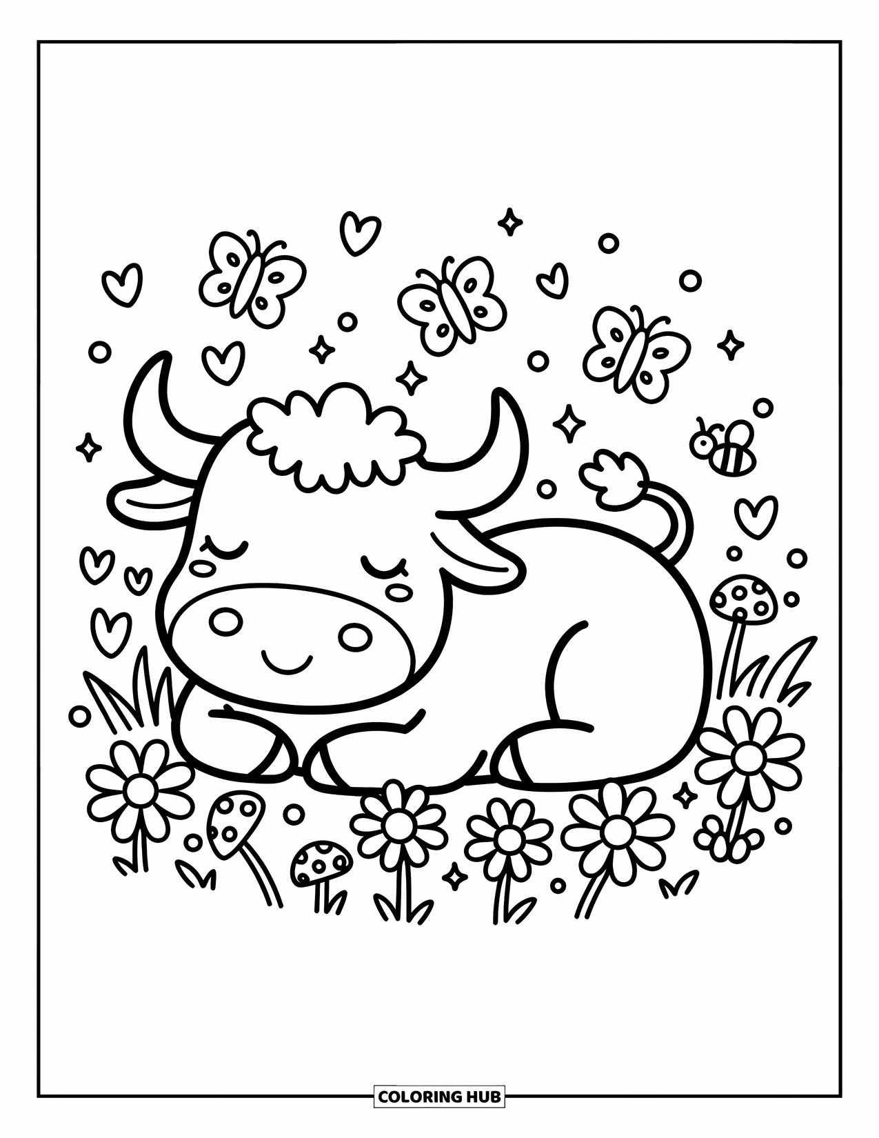 Bull Coloring Page for Adults: A bull lies quietly on clovers with butterflies and hearts fluttering through the air