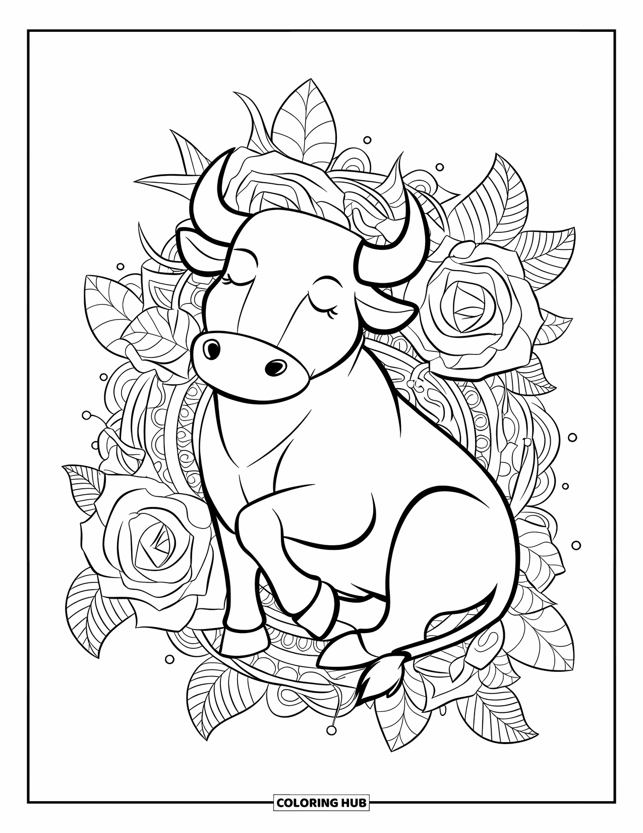 Bull Coloring Page for Adults: A bull with closed eyes sits calmly in a rose and mandala leaf arrangement