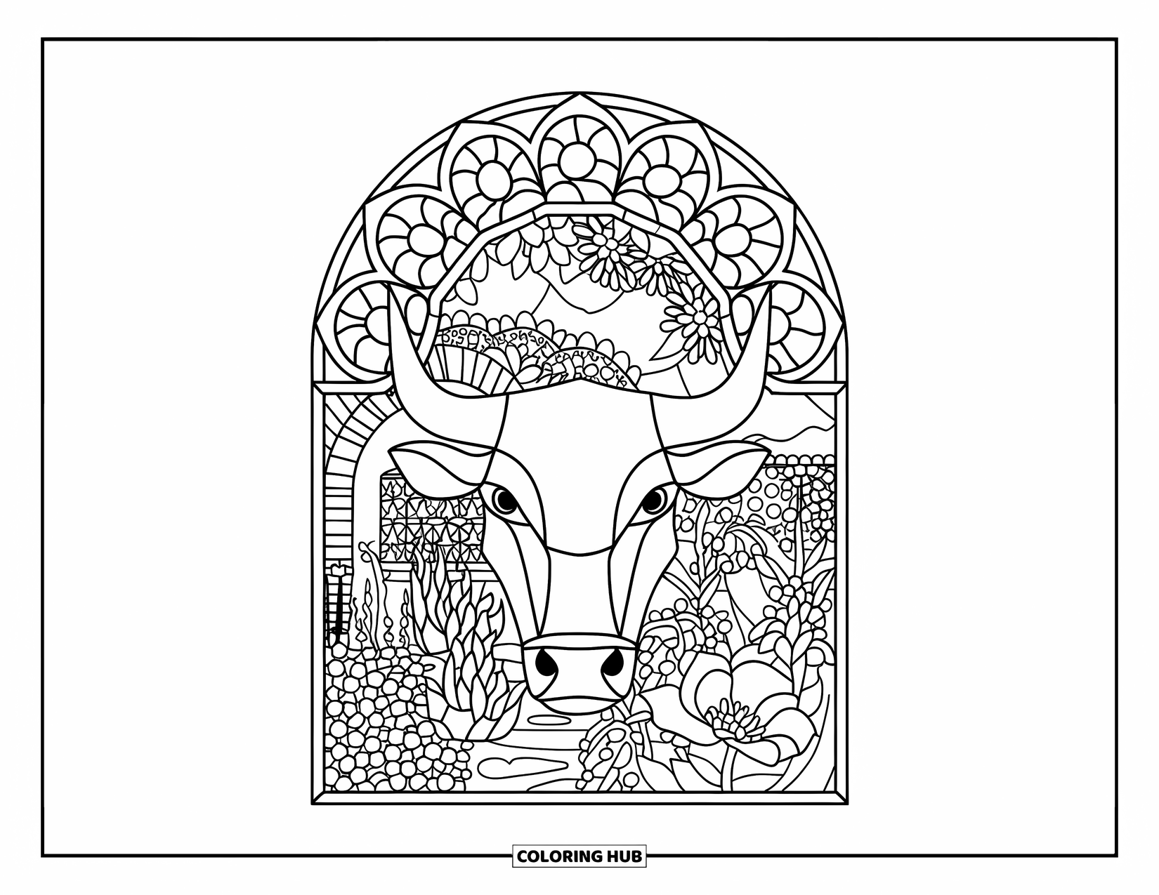 Bull Coloring Page for Adults: A bull's face is centered in a stained glass window surrounded by a garden and archway