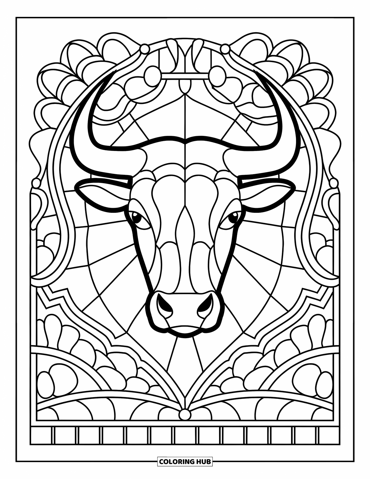Bull Coloring Page for Adults: A calm bull head is framed in stained glass with intricate designs and borders