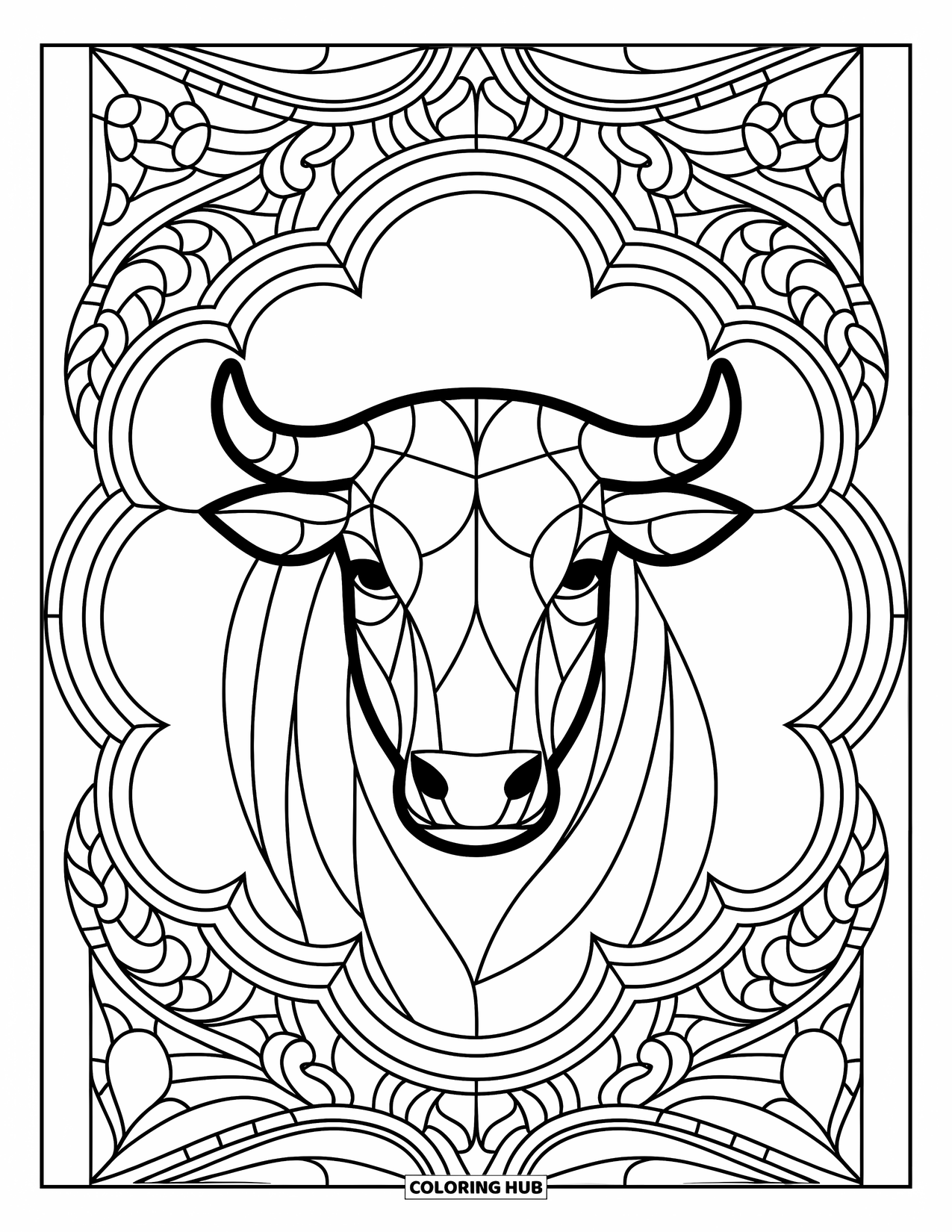 Bull Coloring Page for Adults: A calm bull head sits in a stained glass frame filled with detailed patterns