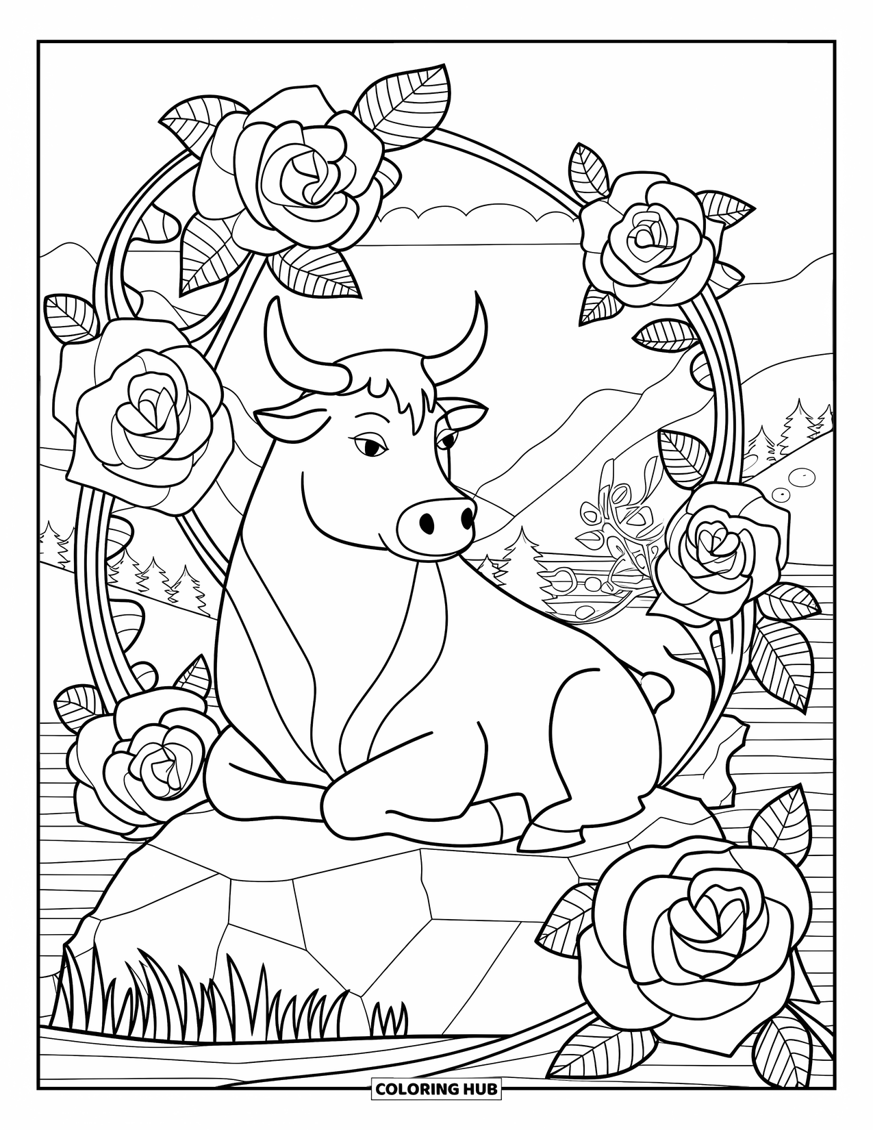 Bull Coloring Page for Adults: A calm bull sits on a rock surrounded by roses, leaves, and a mountain view