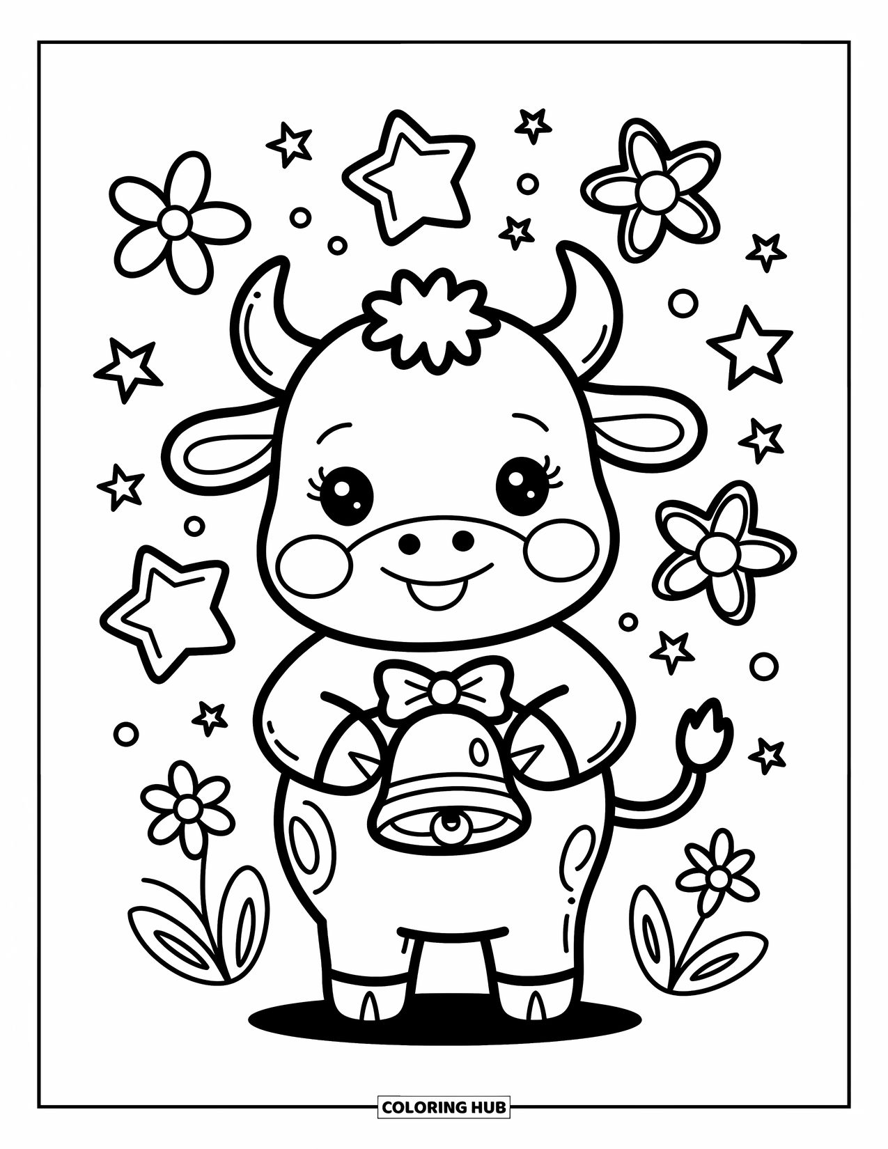 Bull Coloring Page for Adults: A cheerful bull holds a ribboned bell while surrounded by floating stars and tiny flowers