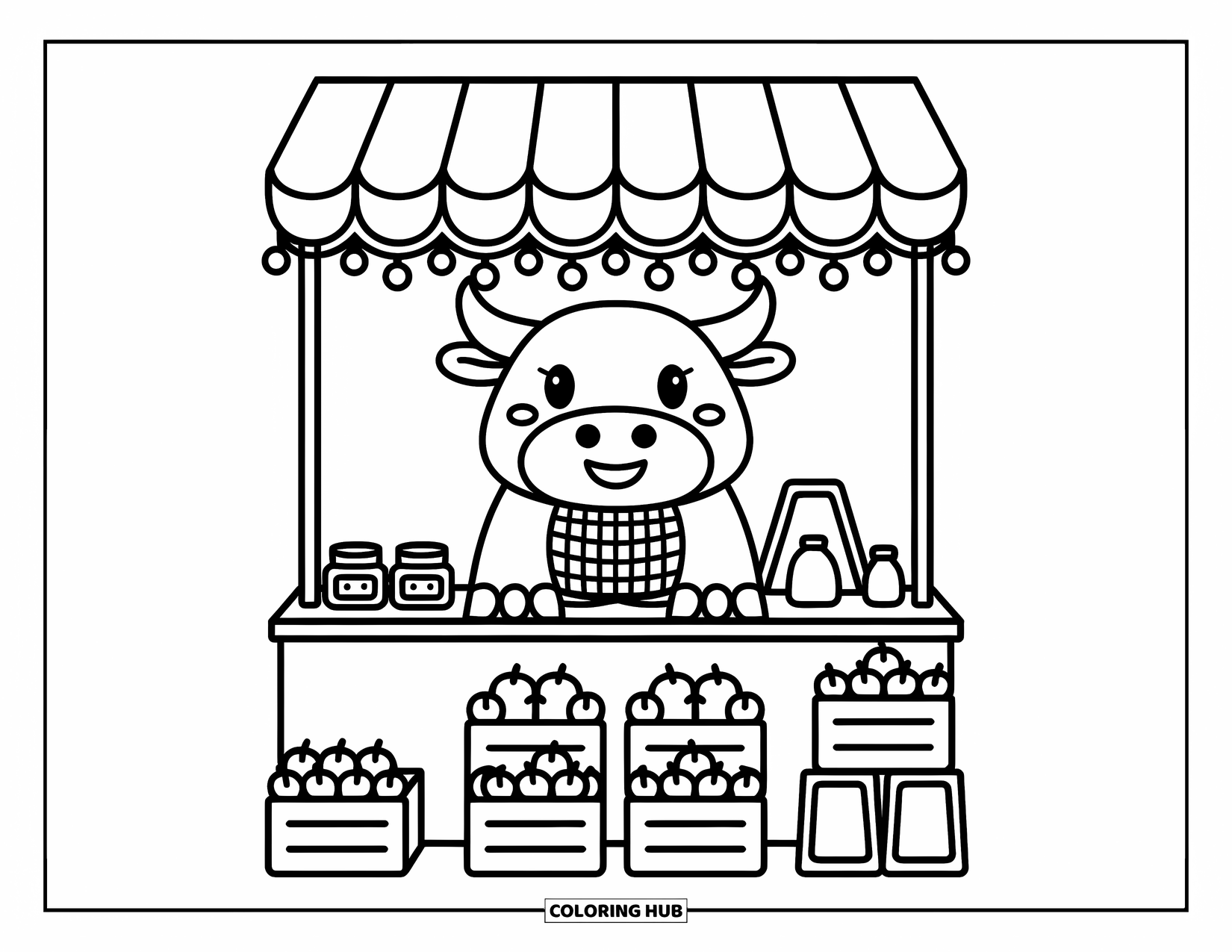 Bull Coloring Page for Adults: A cheerful bull with a scarf stands at a tiny market full of apples and honey