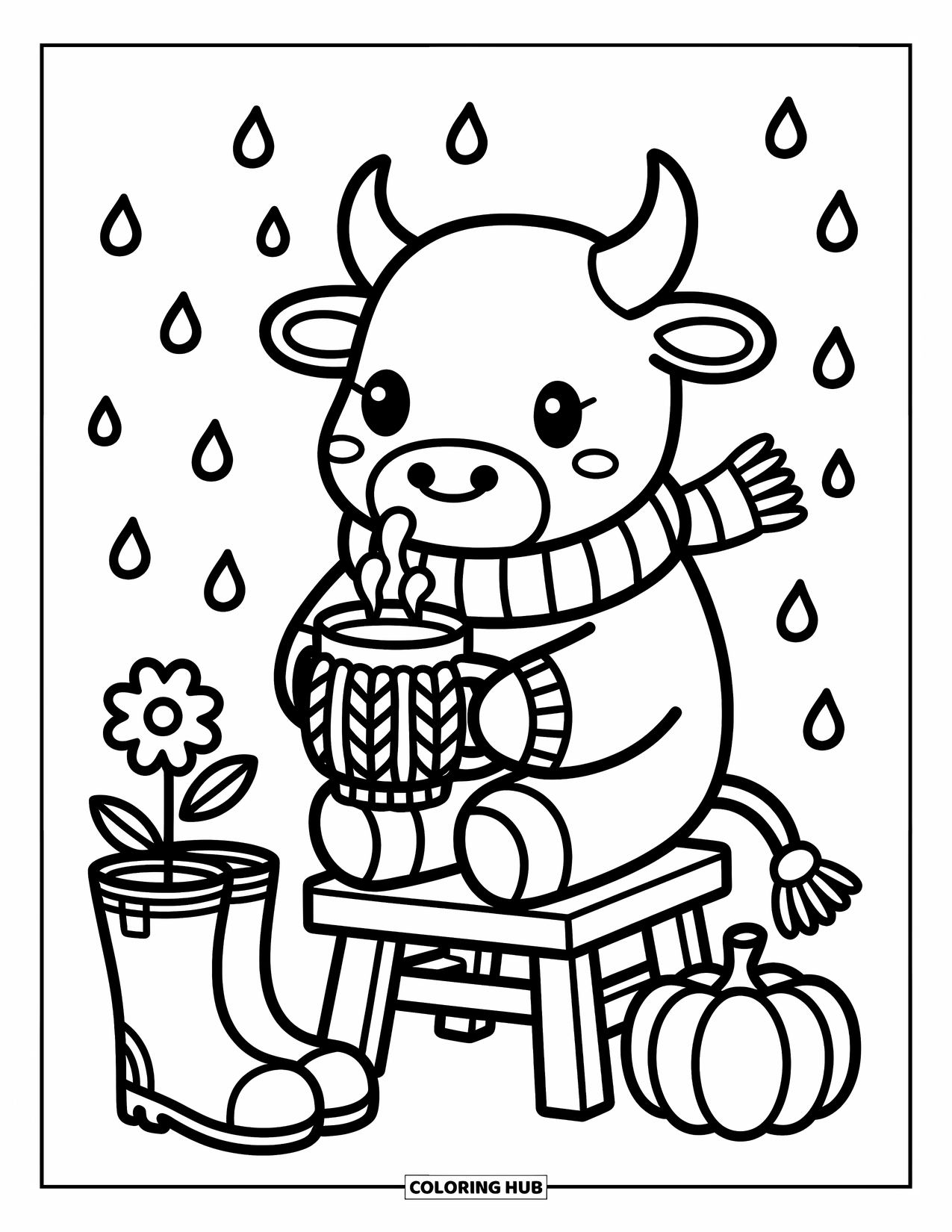 Bull Coloring Page for Adults: A cozy bull sips from a warm cup on a tiny porch with boots and plants