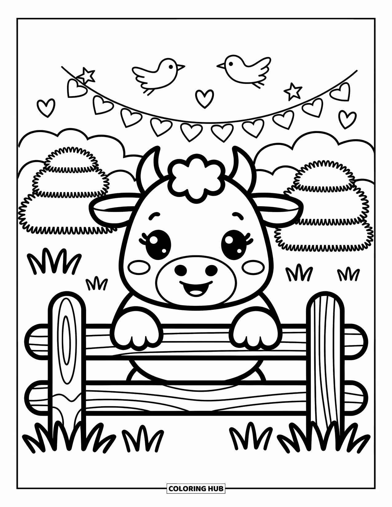 Bull Coloring Page for Adults: A cute bull peeks over a fence as birds fly heart-shaped banners in the sky
