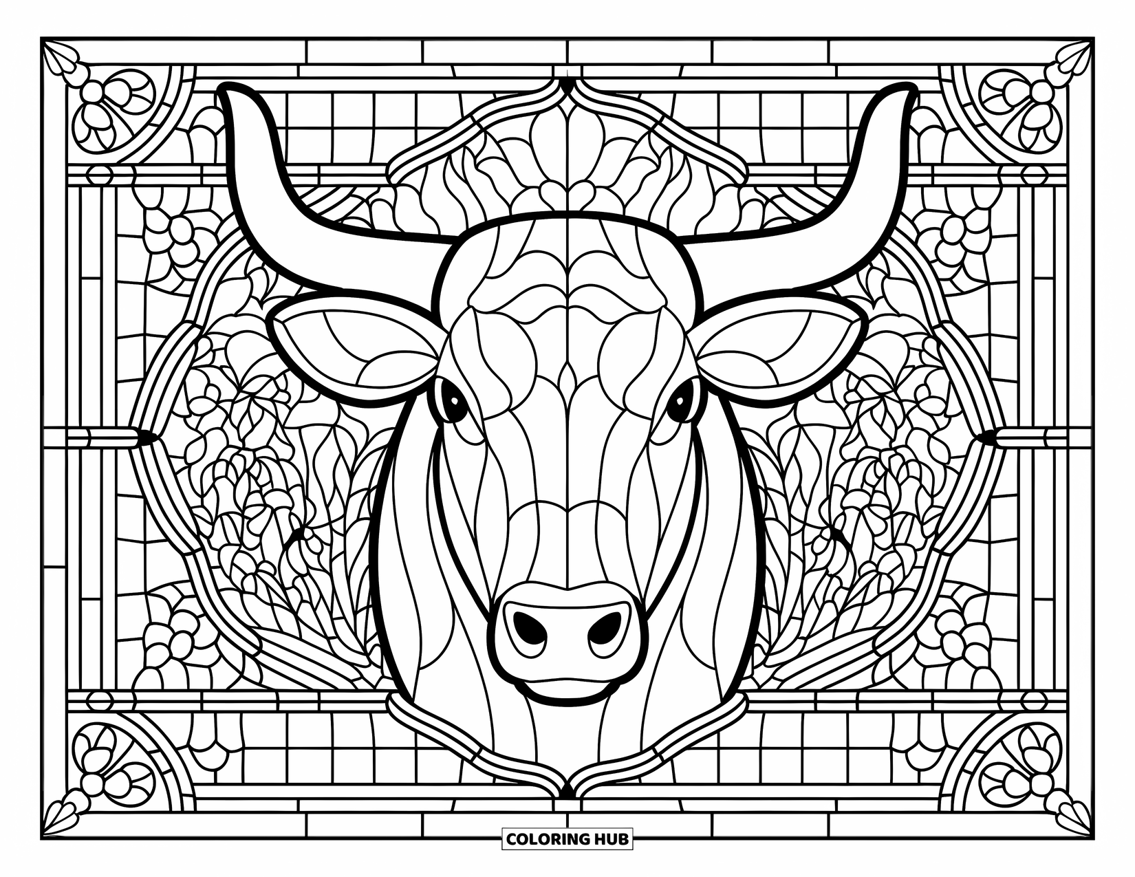 Bull Coloring Page for Adults: A detailed bull face rests in a floral stained glass frame with vines and borders