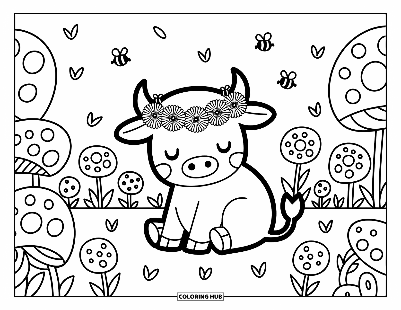 Bull Coloring Page for Adults: A gentle bull with tiny horns and flowers sits quietly in a meadow of whimsy