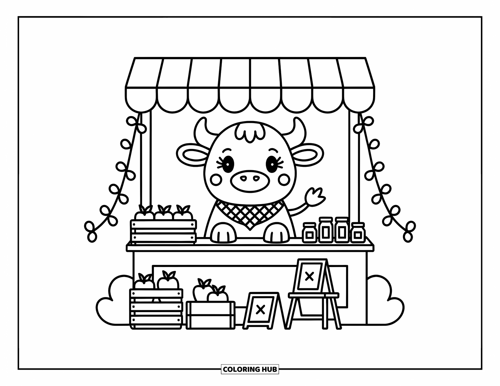 Bull Coloring Page for Adults: A happy bull greets visitors from a cozy stall with apples, honey, and chalk signs