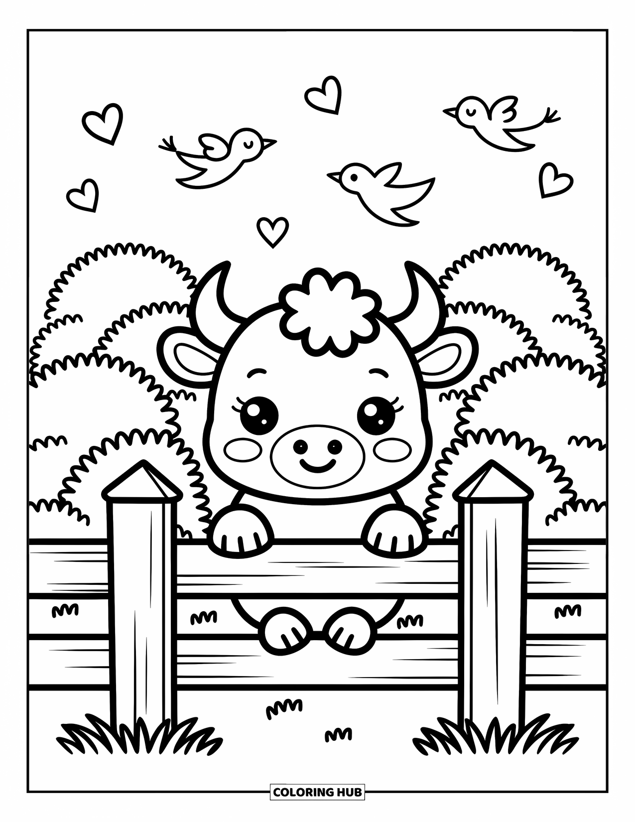 Bull Coloring Page for Adults: A happy bull peeks over a fence while birds carry heart and star banners overhead