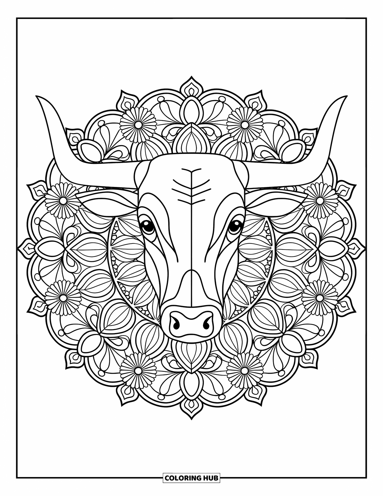Bull Coloring Page for Adults: A large-horned bull head is centered in a floral mandala with intricate leafy designs