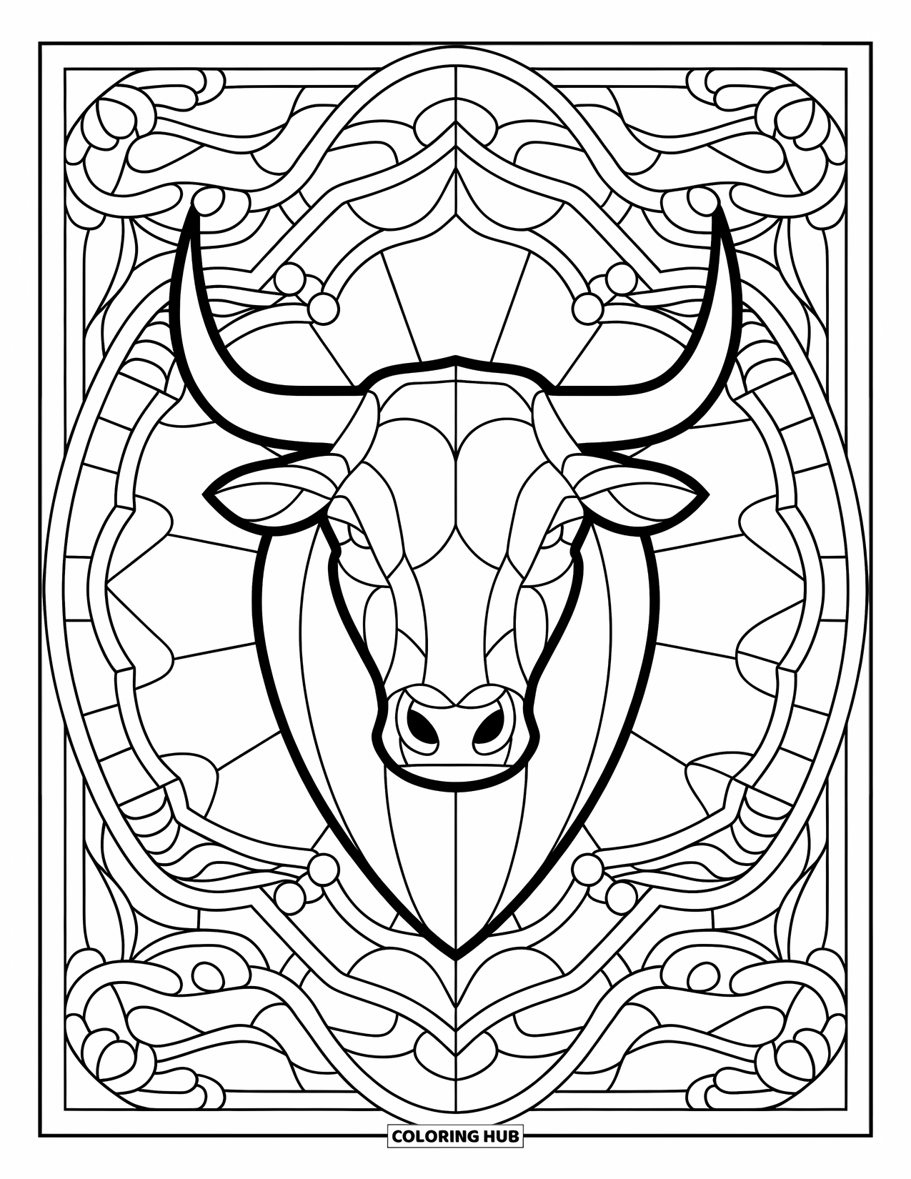 Bull Coloring Page for Adults: A peaceful bull face rests in the center of a stained glass with organic patterns